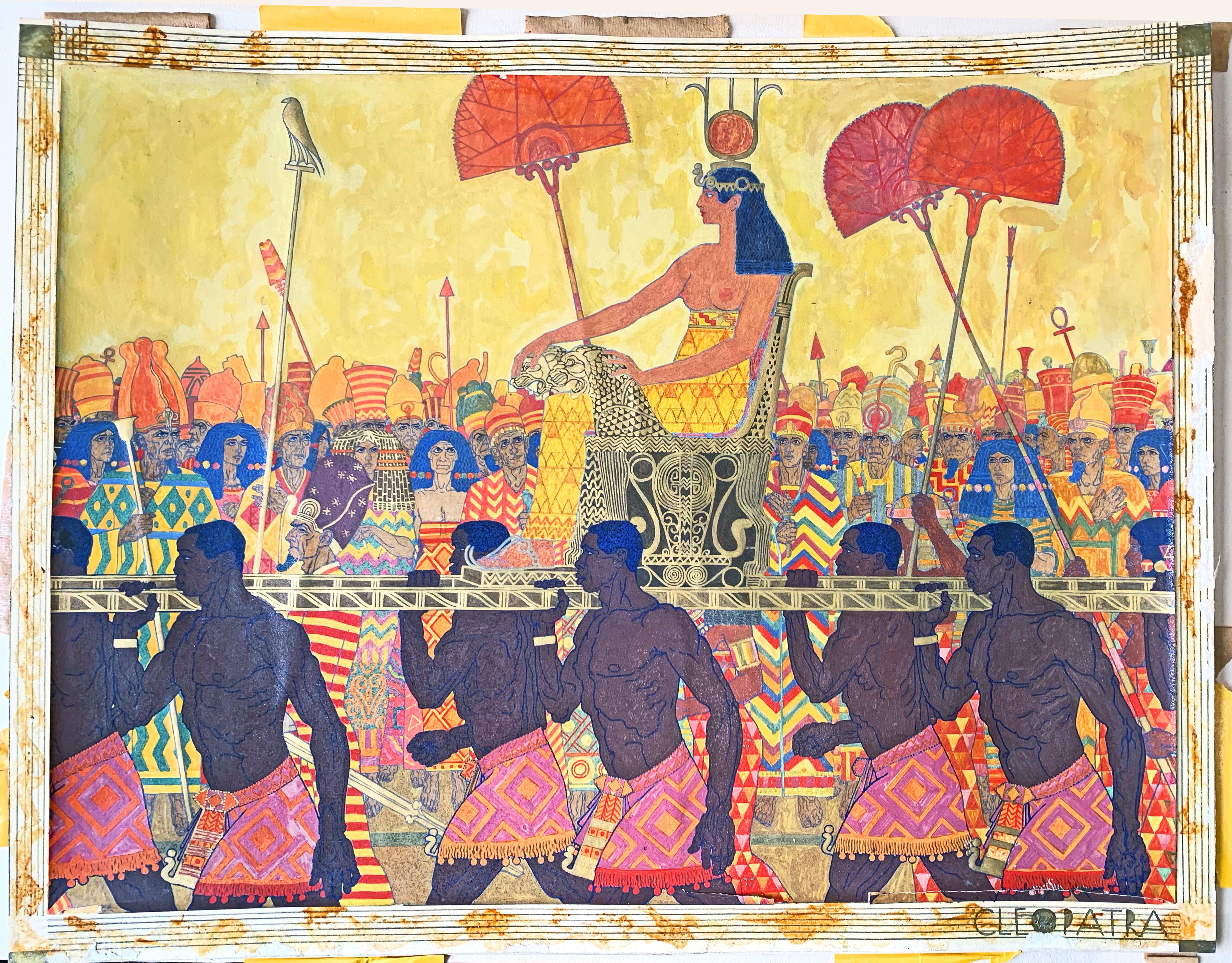 Painted as a glorious, color-drenched frieze, this piece by the celebrated Chicago artist, Carl Hoeckner, depicts a half-nude Cleopatra being carried on her litter by Nubian servants before a great crowd of priests and nobles. Hoeckner is best known