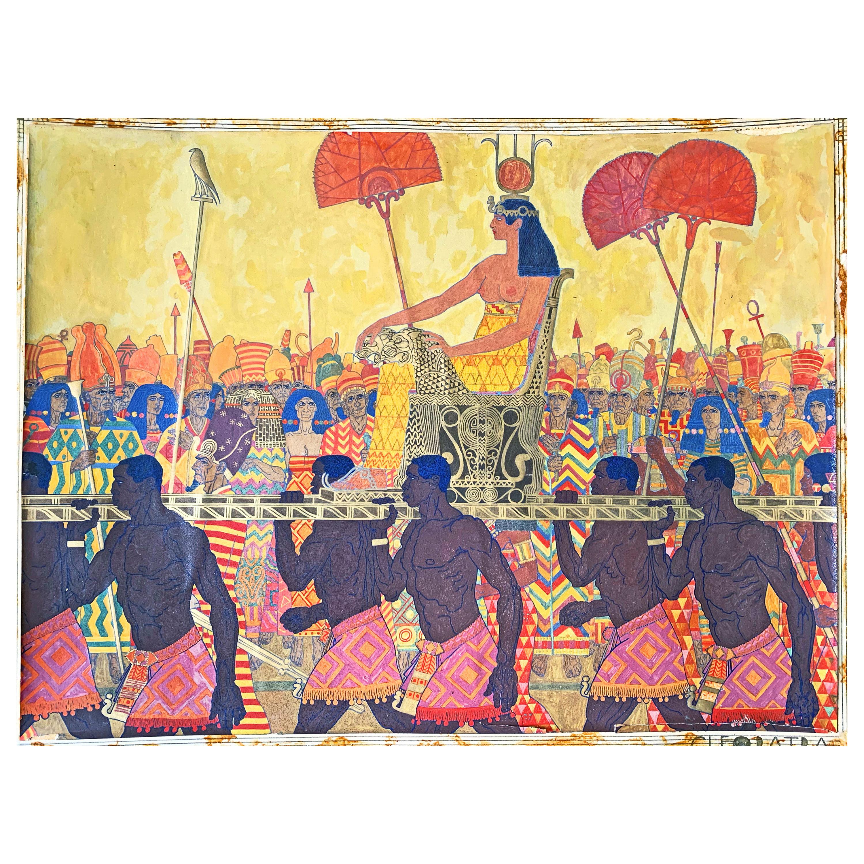 "Cleopatra in Glory, " Brilliant Art Deco Painting in Cobalt Gold, Coral and Pink