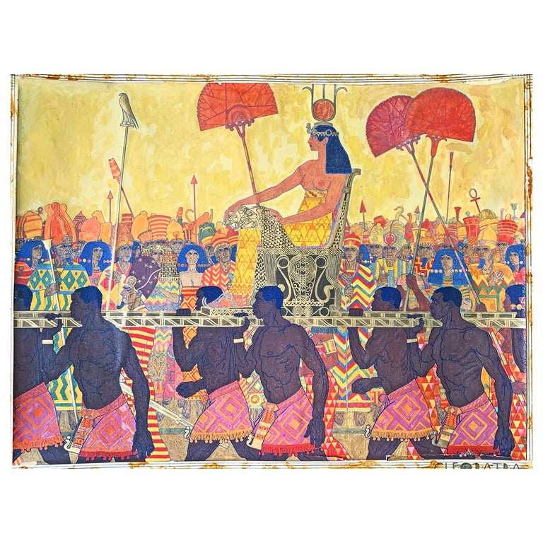 "Cleopatra in Glory," Brilliant Art Deco Painting in Cobalt Gold, Coral and Pink For Sale