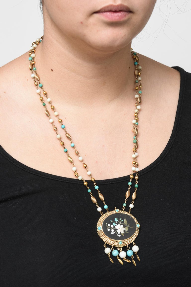 Cleopatra Inspired Turquoise and Gold Necklace with Victorian Pietra Dura Clasp For Sale 6