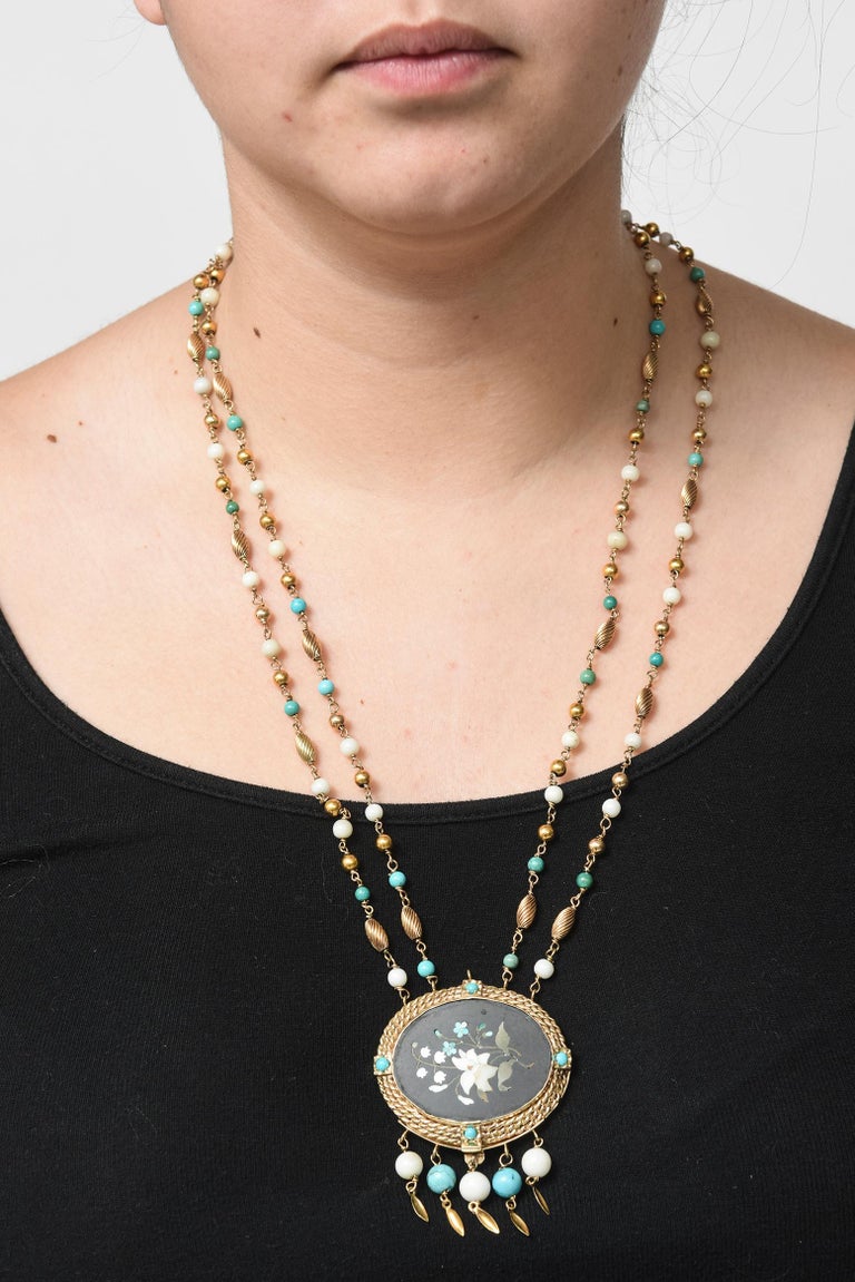Cleopatra Inspired Turquoise and Gold Necklace with Victorian Pietra Dura Clasp For Sale 7