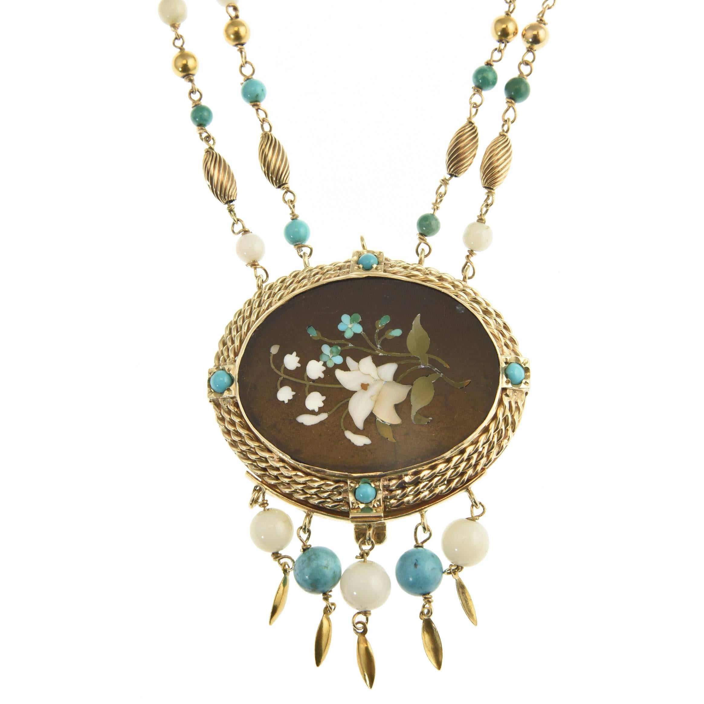 Cleopatra Inspired Turquoise and Gold Necklace with Victorian Pietra Dura Clasp