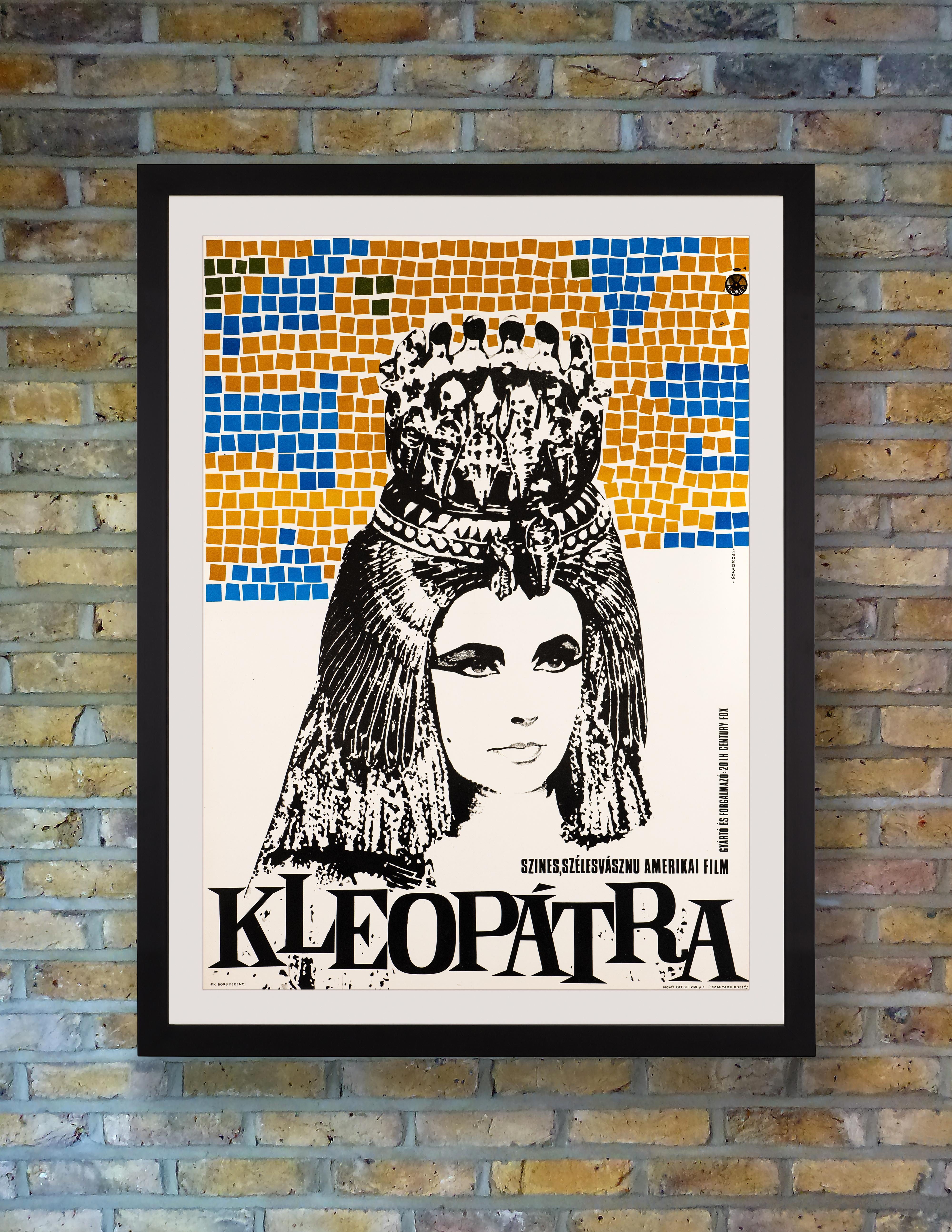 Ancient Egypt meets modern art in this impressive mosaic and monotone design by Somorjai Imre for the first Hungarian release of the lavish 1963 epic 'Cleopatra,' starring Elizabeth Taylor, Richard Burton and Rex Harrison. The most expensive film