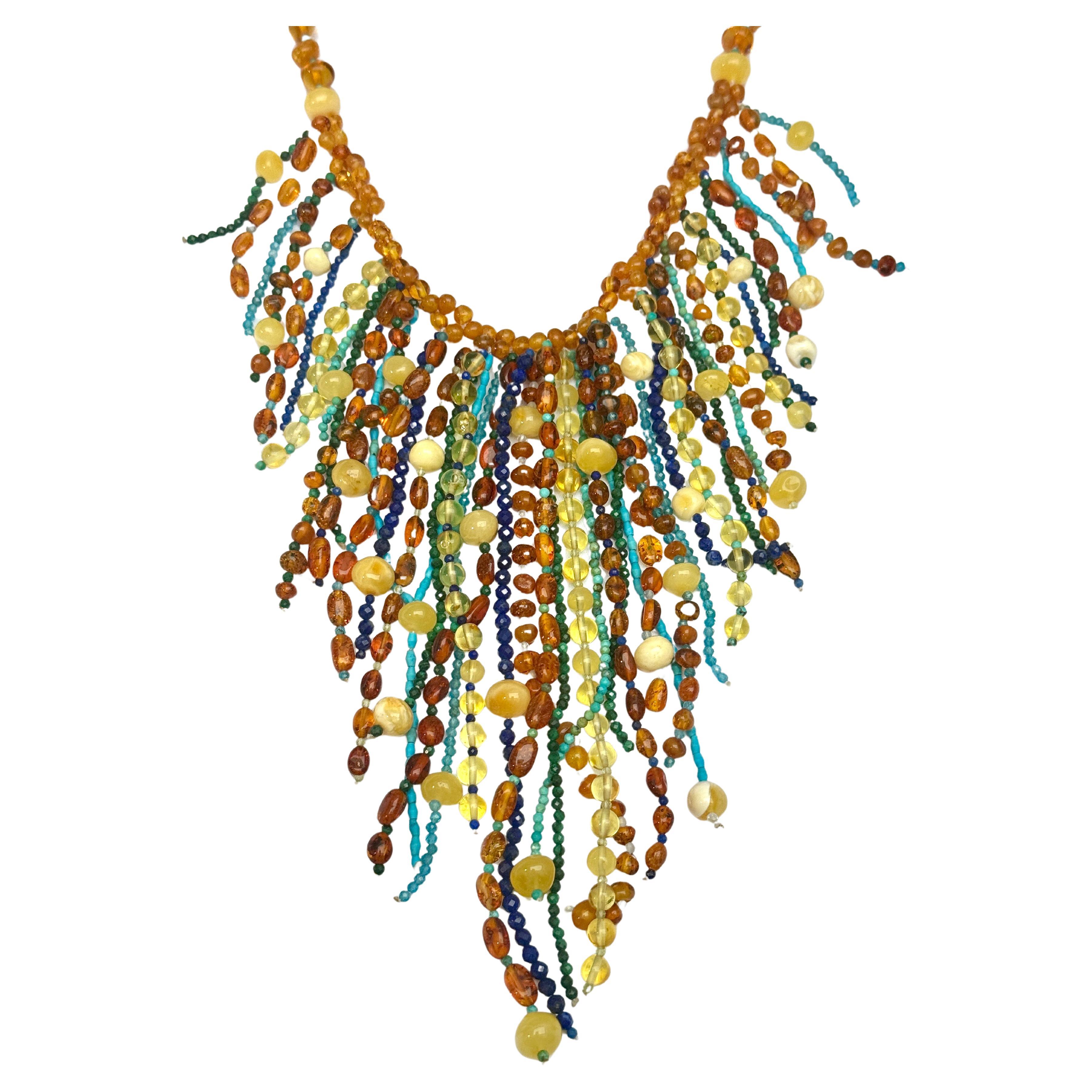 Donna Collana in stile Cleopatra in ambra, turchese e lapislazzuli in vendita