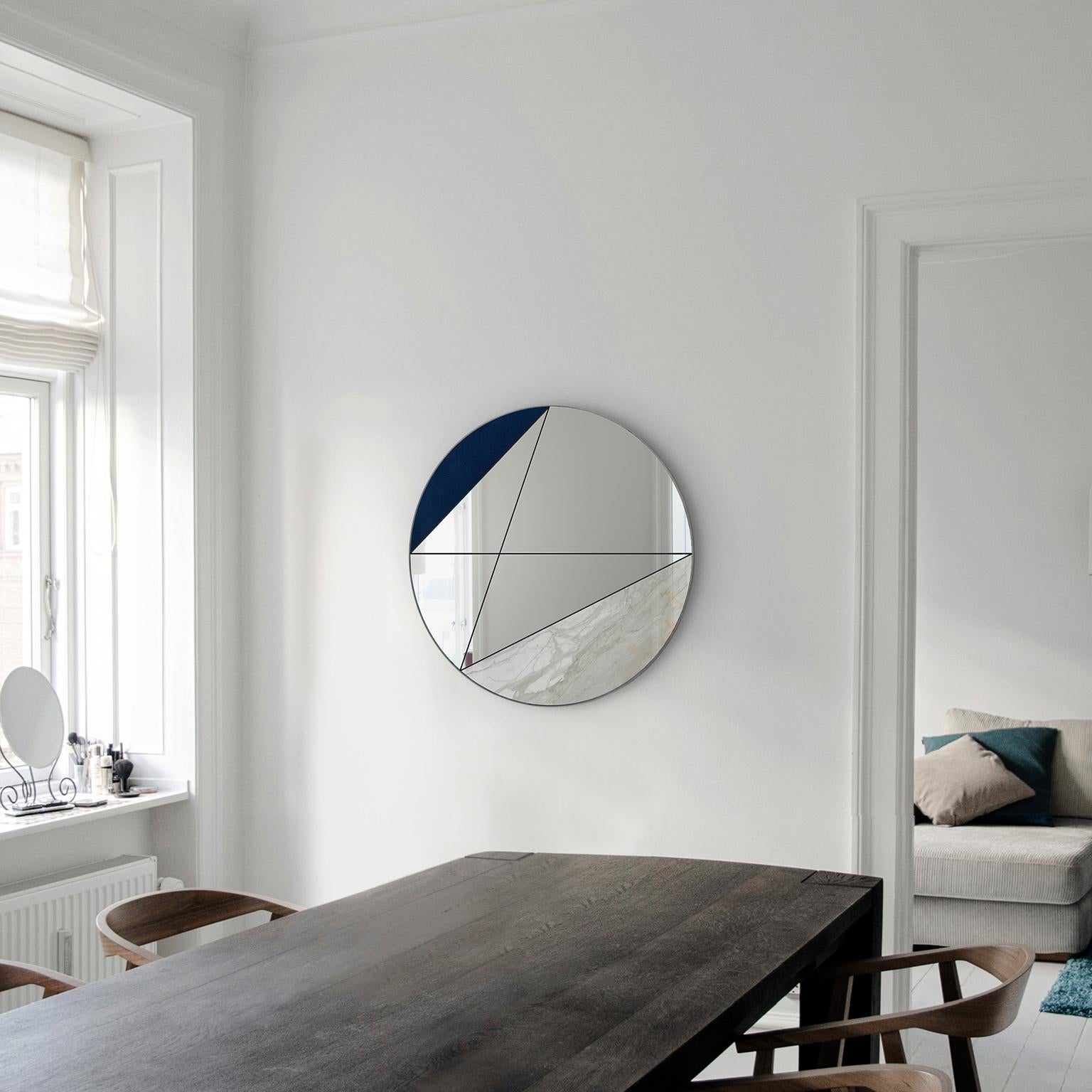 Modern Clepsydra I 100 by Atlasproject Wall Mirror Blue Leather Calacatta Gold Marble For Sale