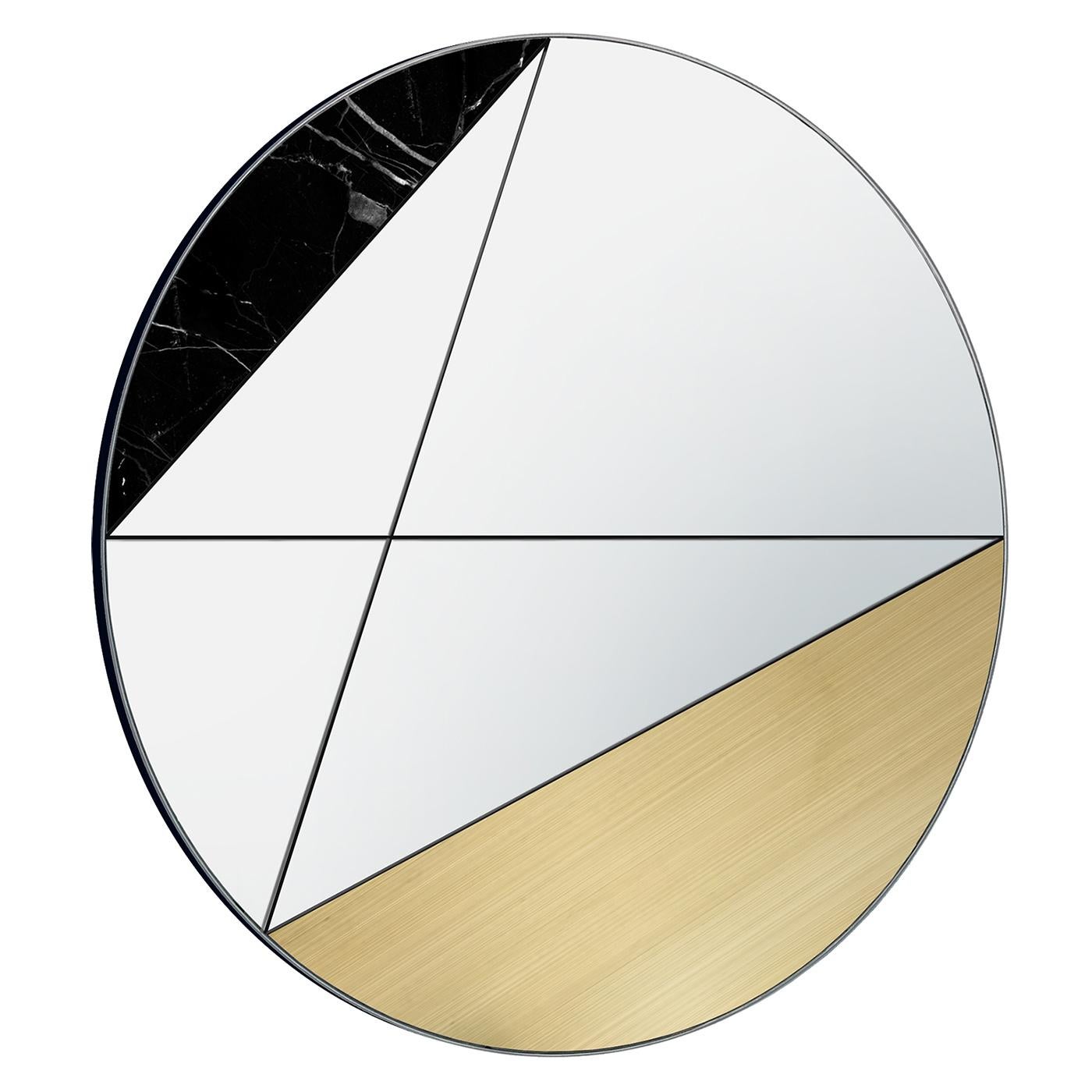 From a unique collection of decorative mirrors made exclusively by hand, this version of the Clepsydra Mirror features an alluring juxtaposition of Marquinia marble and brushed brass. With the opposing tones on each end, the mirror is crossed by