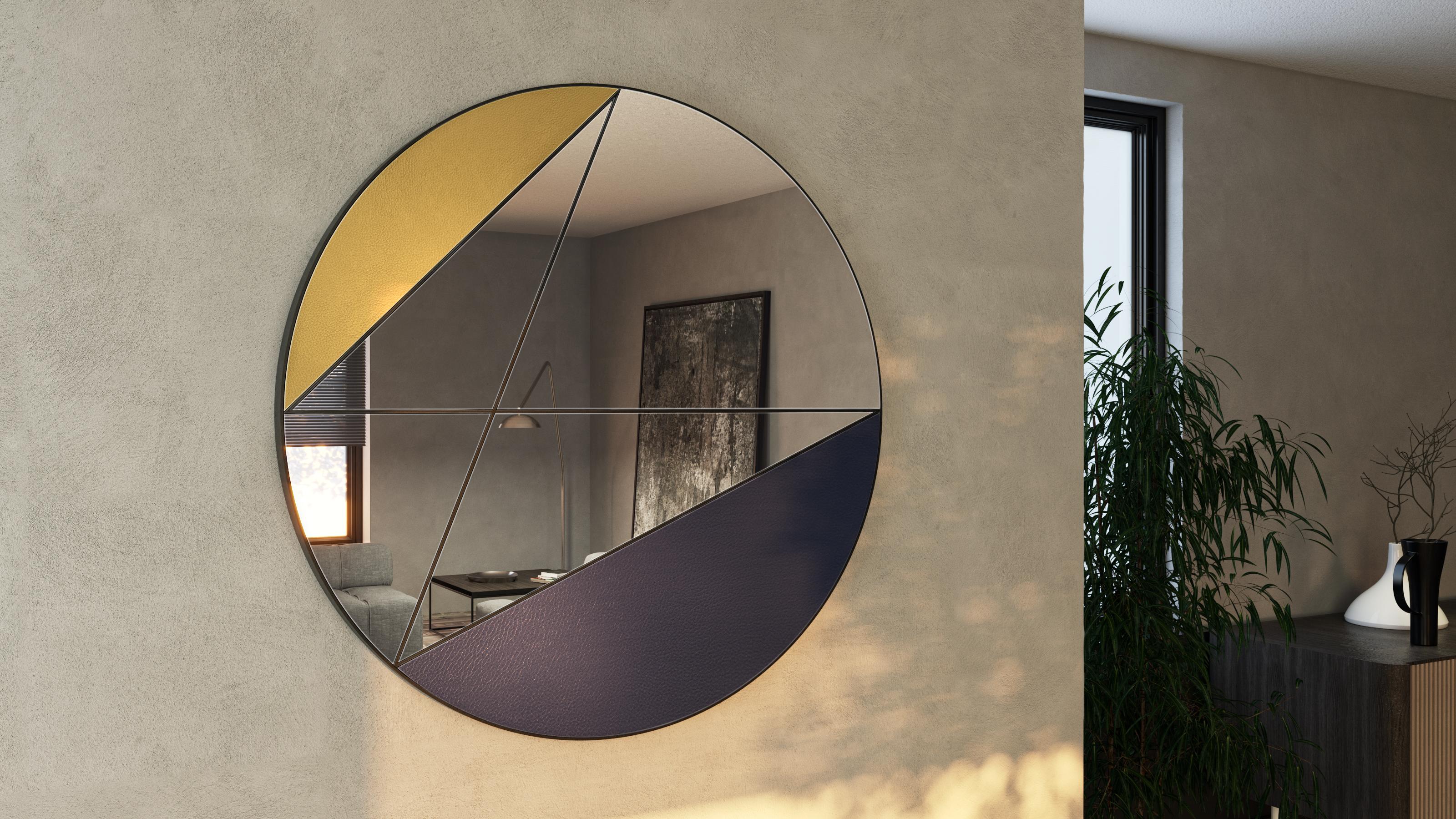 Moderne Miroir mural Clépsydra VI 80 en cuir bleu et jaune par Atlas Project en vente