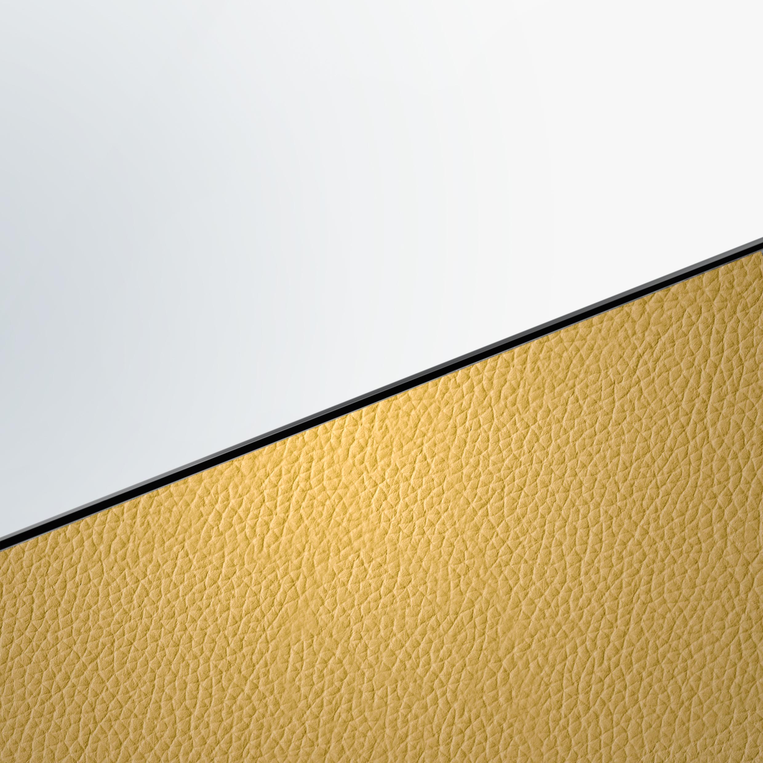 italien Miroir mural Clépsydra VI 80 en cuir bleu et jaune par Atlas Project en vente
