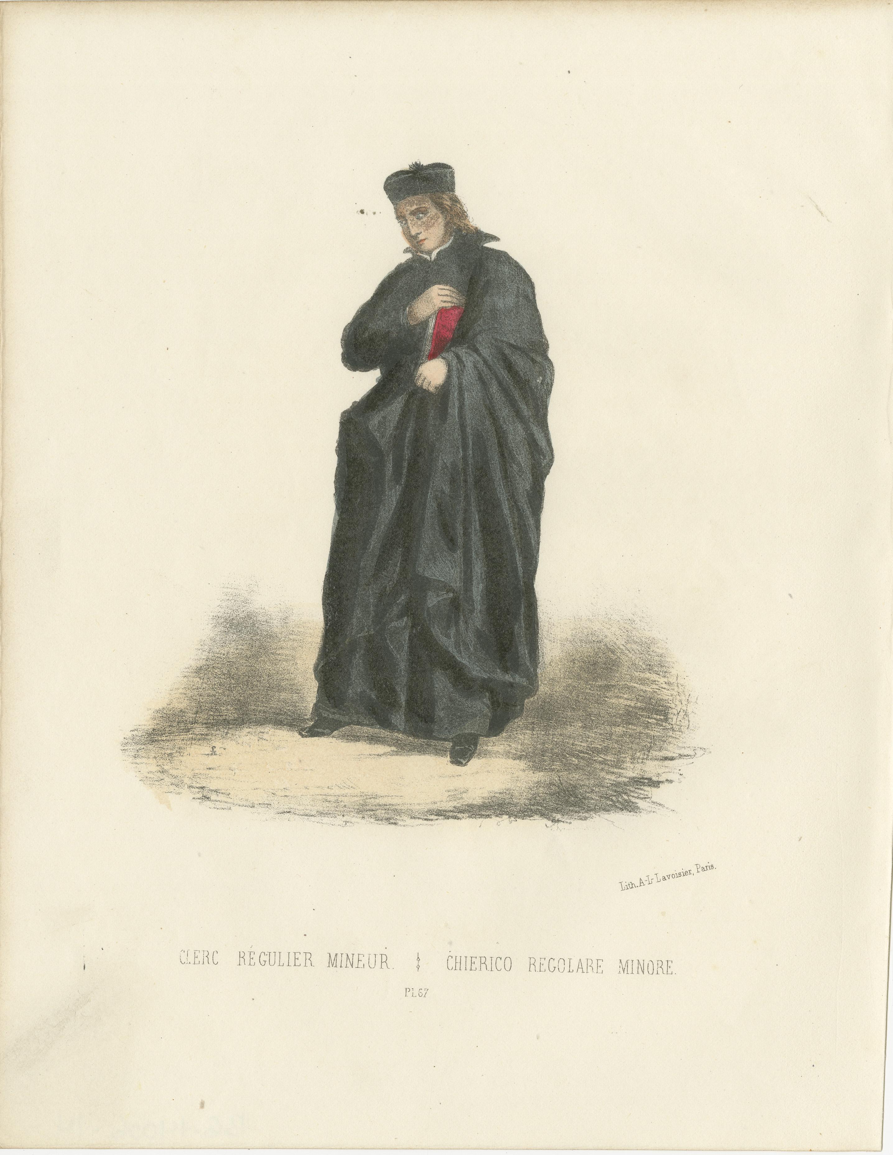 Clerc Régulier Mineur - 1862 Handkolorierte Lithographie eines Minderjährigen Klerikers Regular  

Diese handkolorierte Lithografie aus dem Jahr 1862 zeigt einen Clerc Régulier Mineur oder Minor Cleric Regular, der in eine schlichte schwarze Soutane