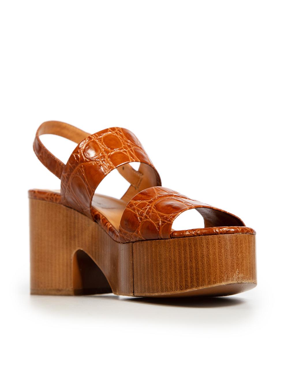 CONDITION is Very good. Minimal wear to sandals is evident. Abrasion to the front tips on this used Clergerie designer resale item. These shoes come with their original dust bag.
 
 
 
 Details
 
 
 Brown
 
 Leather
 
 Sandals
 
 Croc embossed
 
