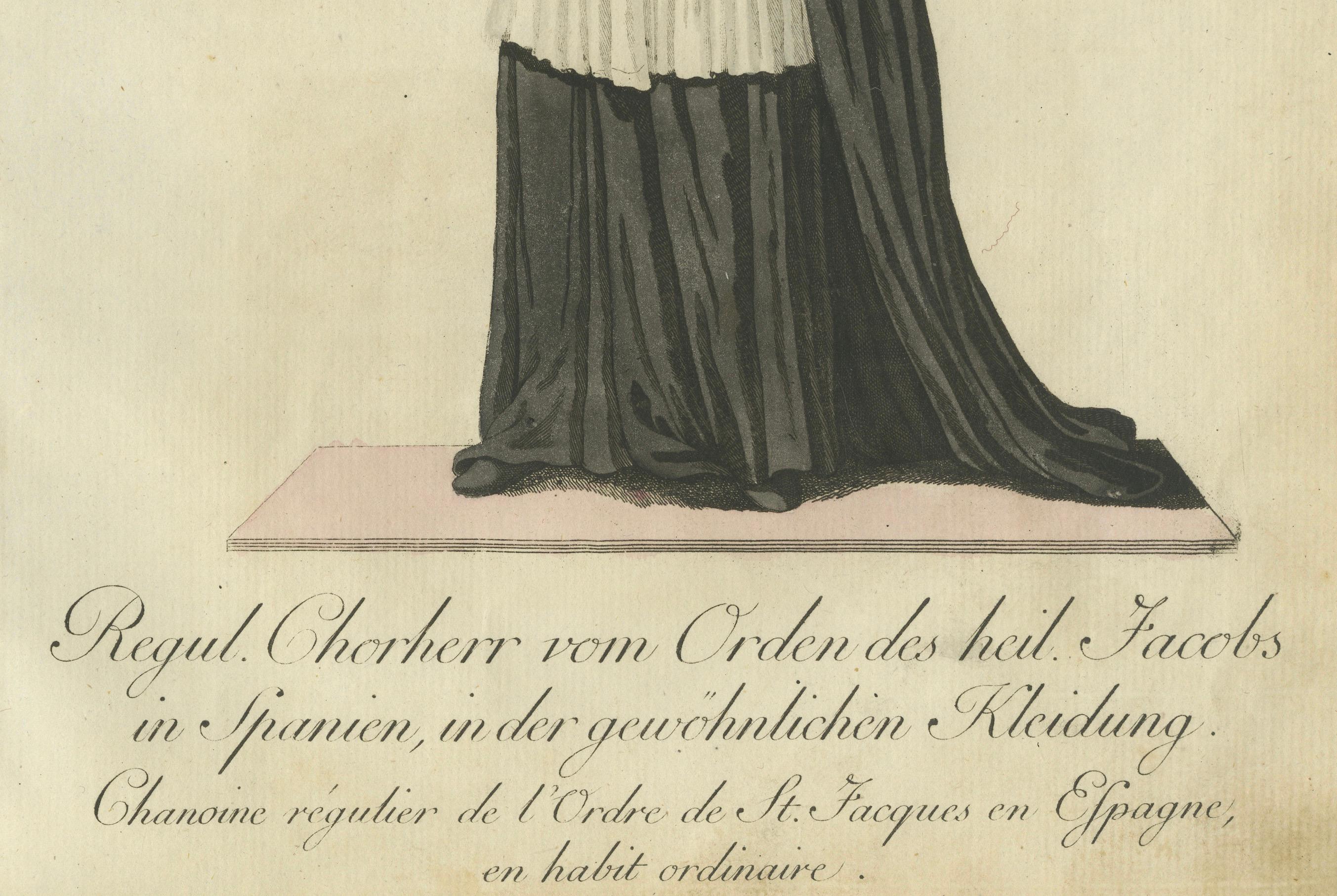 Cleric of the Order of Saint James in Spain in Ordinary Dress, 1791
 
This hand-colored engraving depicts a cleric from the Order of Saint James (Orden de Santiago) in Spain, dressed in their traditional choir habit. The figure wears a wide-brimmed