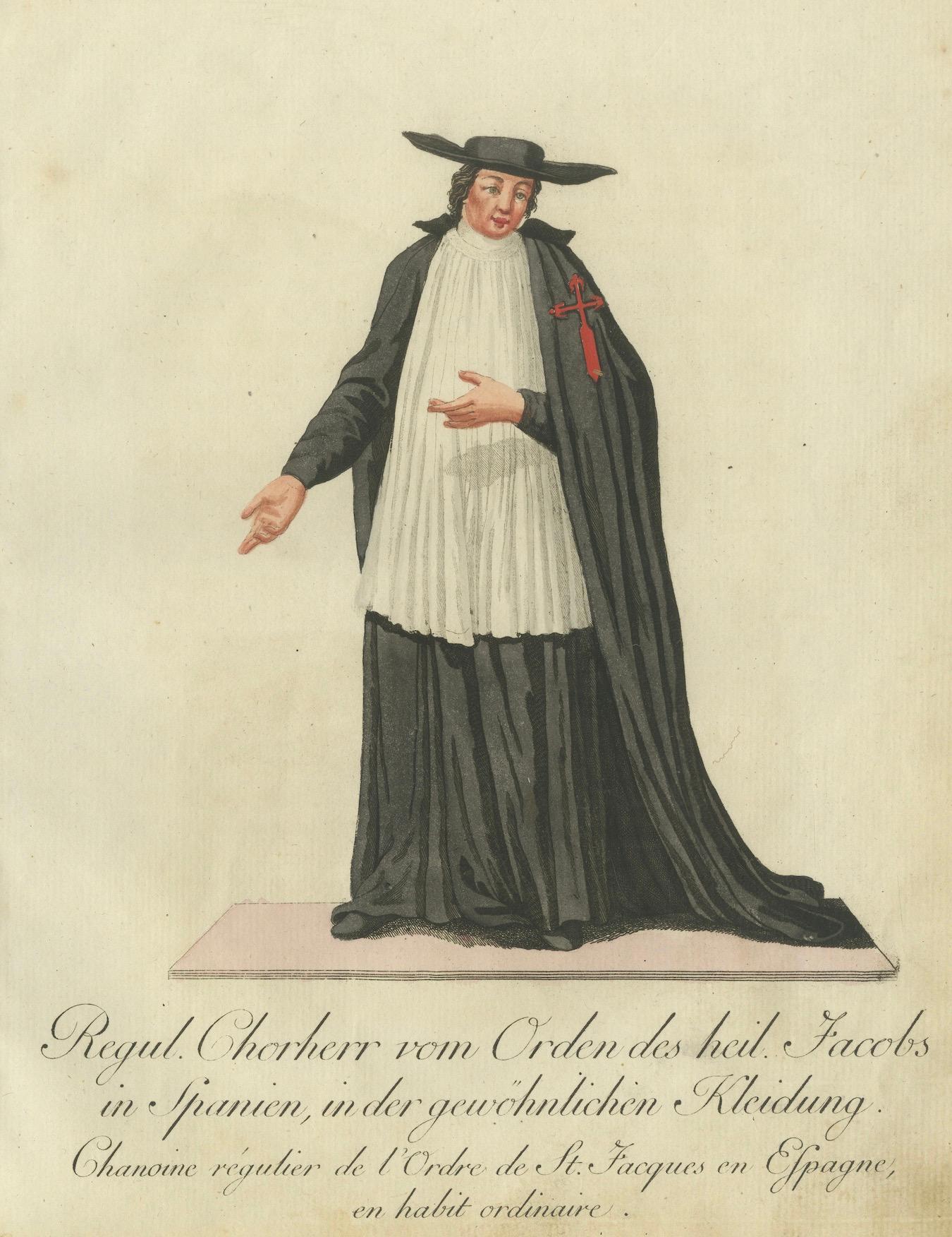 Cleric of the Order of Saint James in Spain in Ordinary Dress, 1791 Engraving In Good Condition For Sale In Langweer, NL