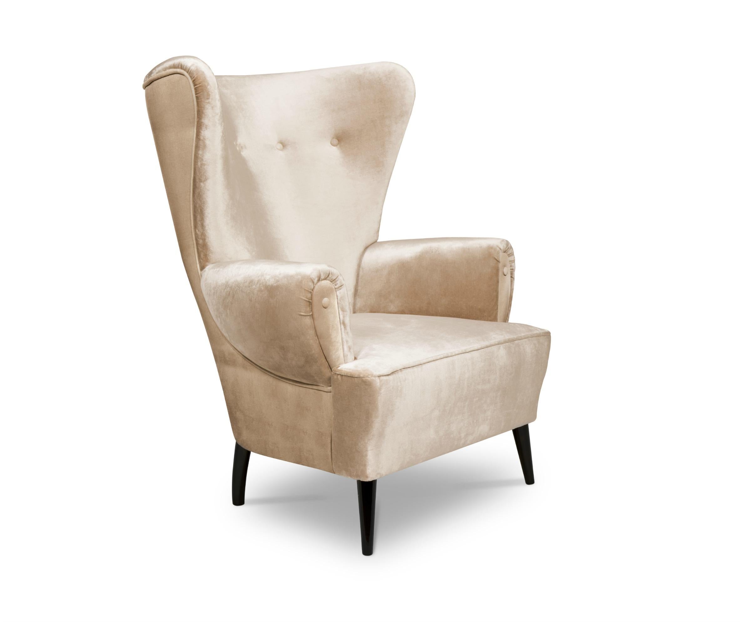 Clerk Armchair in Cotton Velvet and High Glossy Lacquered Legs For Sale 1