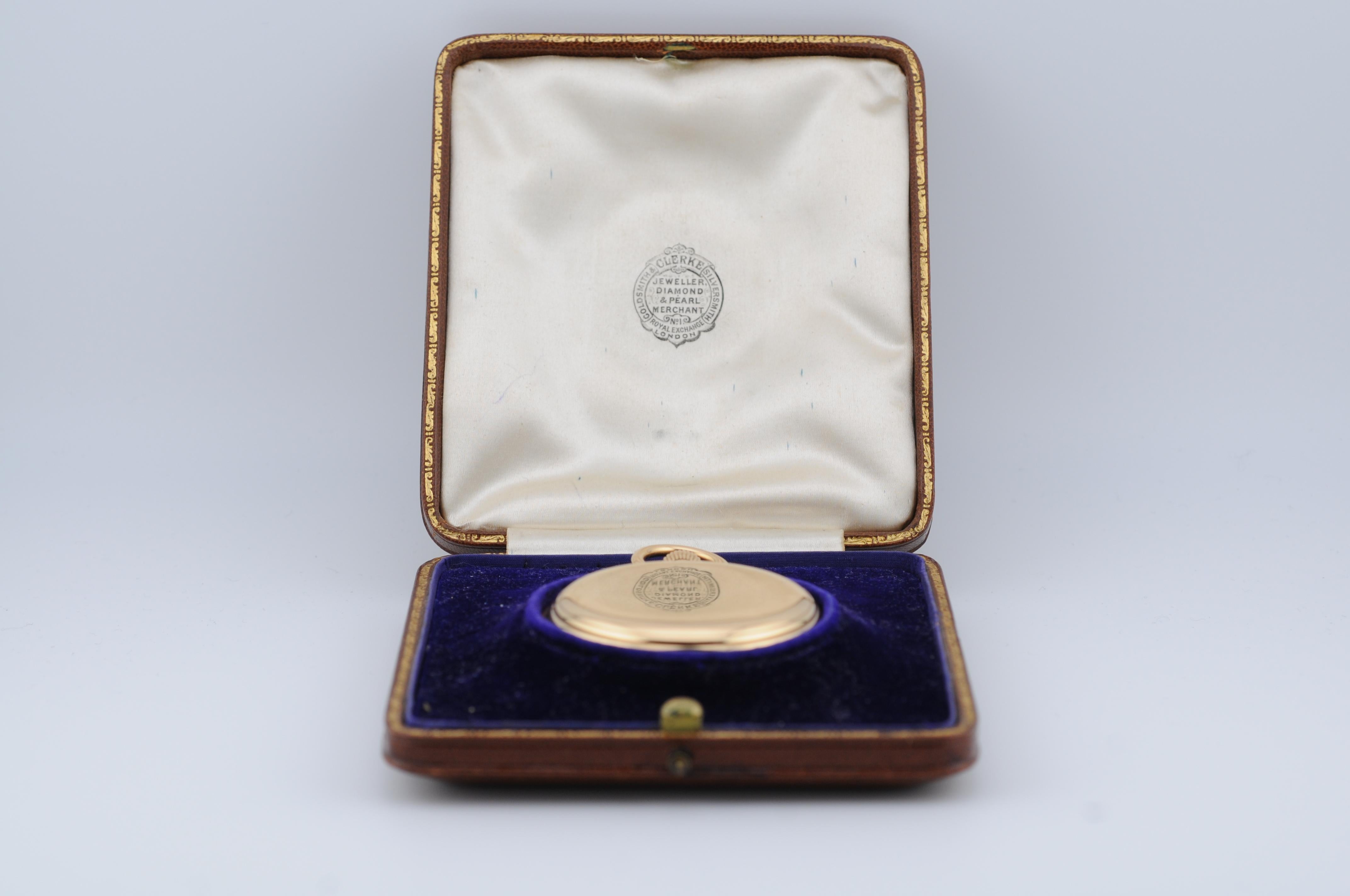 Clerke Royal Pocket Watch – 18K Solid Yellow Gold

This exquisite Clerke Royal pocket watch is crafted from 18K solid yellow gold and showcases exceptional craftsmanship. Manufactured by Silver Smith London, it features a three-cover design and a