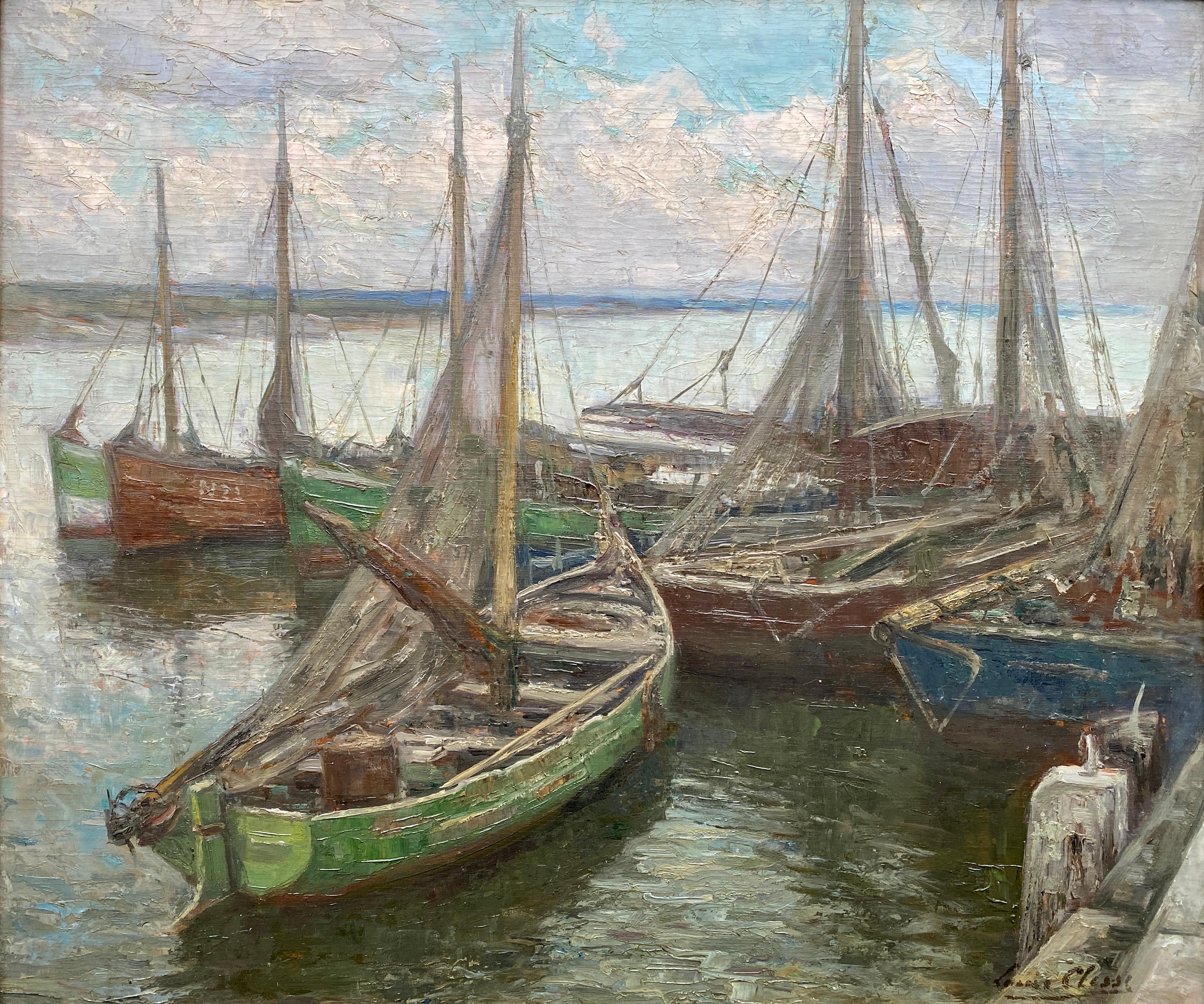 Boats at the Nieuwpoort Harbour, Louis Clesse, Brussels 1889 – 1961, Belgian - Painting by Clesse Louis