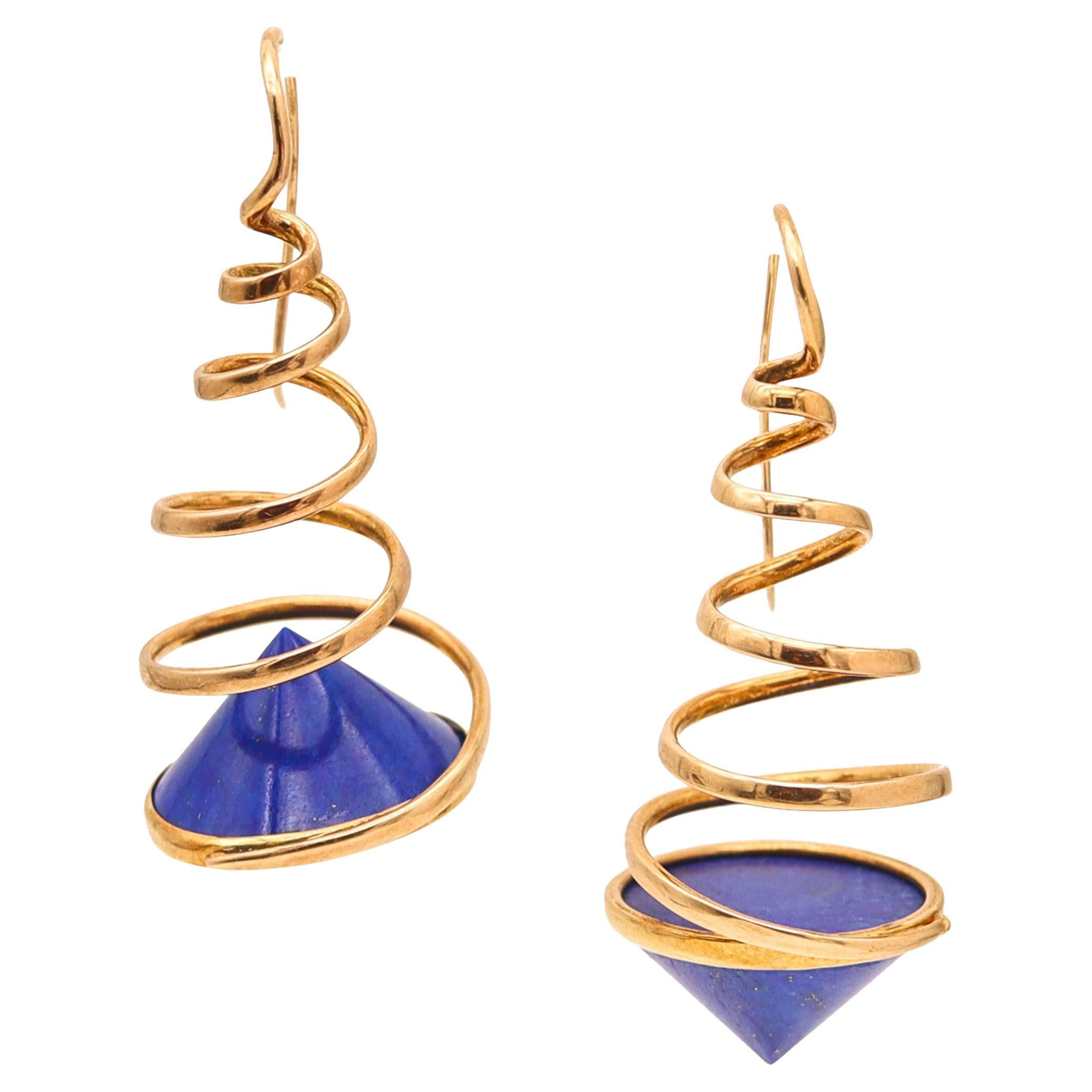 CLETO MUNARI 1980 Memphis Spirals Ear-Drops In 18Kt Gold With Lapis Lazuli