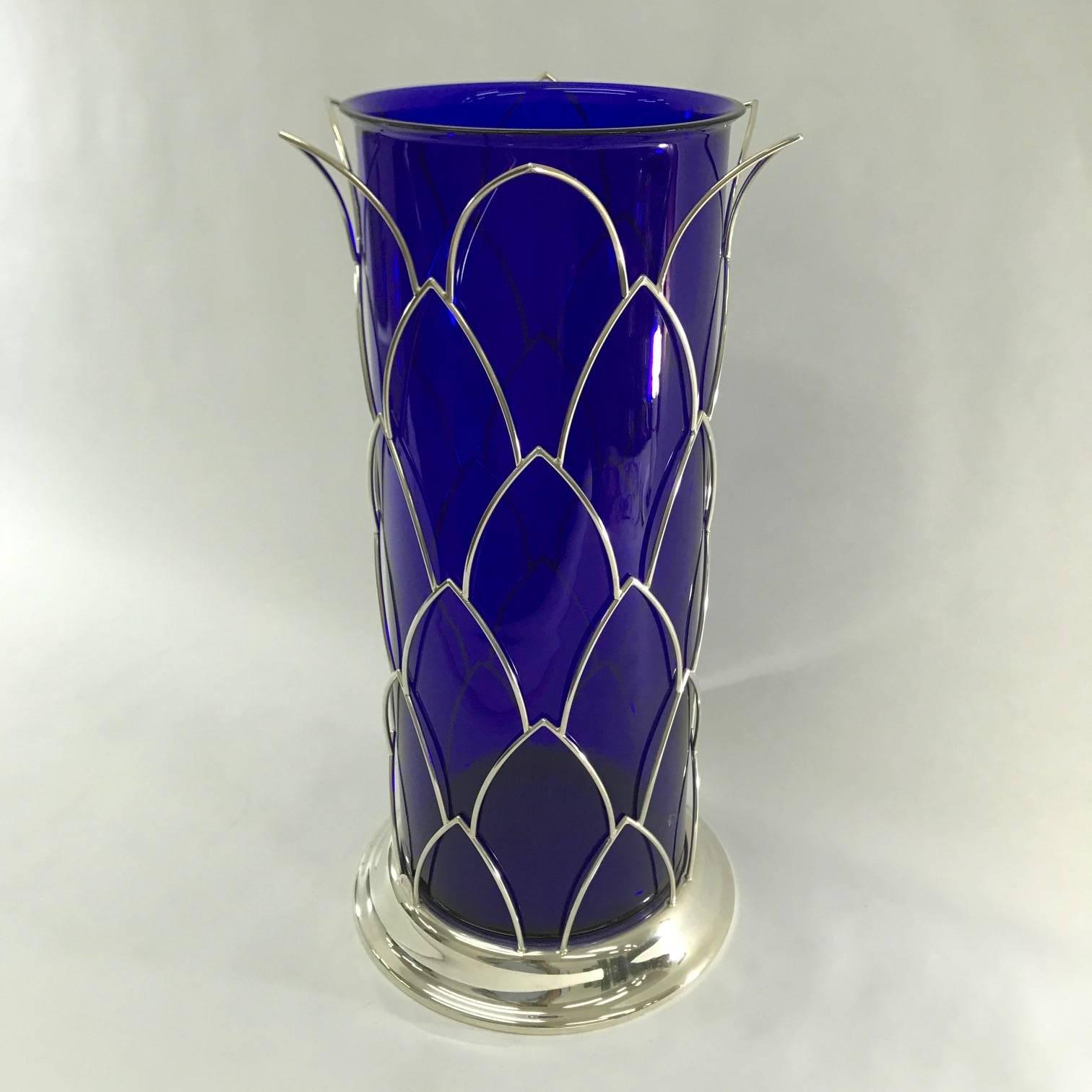 1980s Modernist Sterling Silver and Blue Murano Glass Vase by Cleto Munari 1