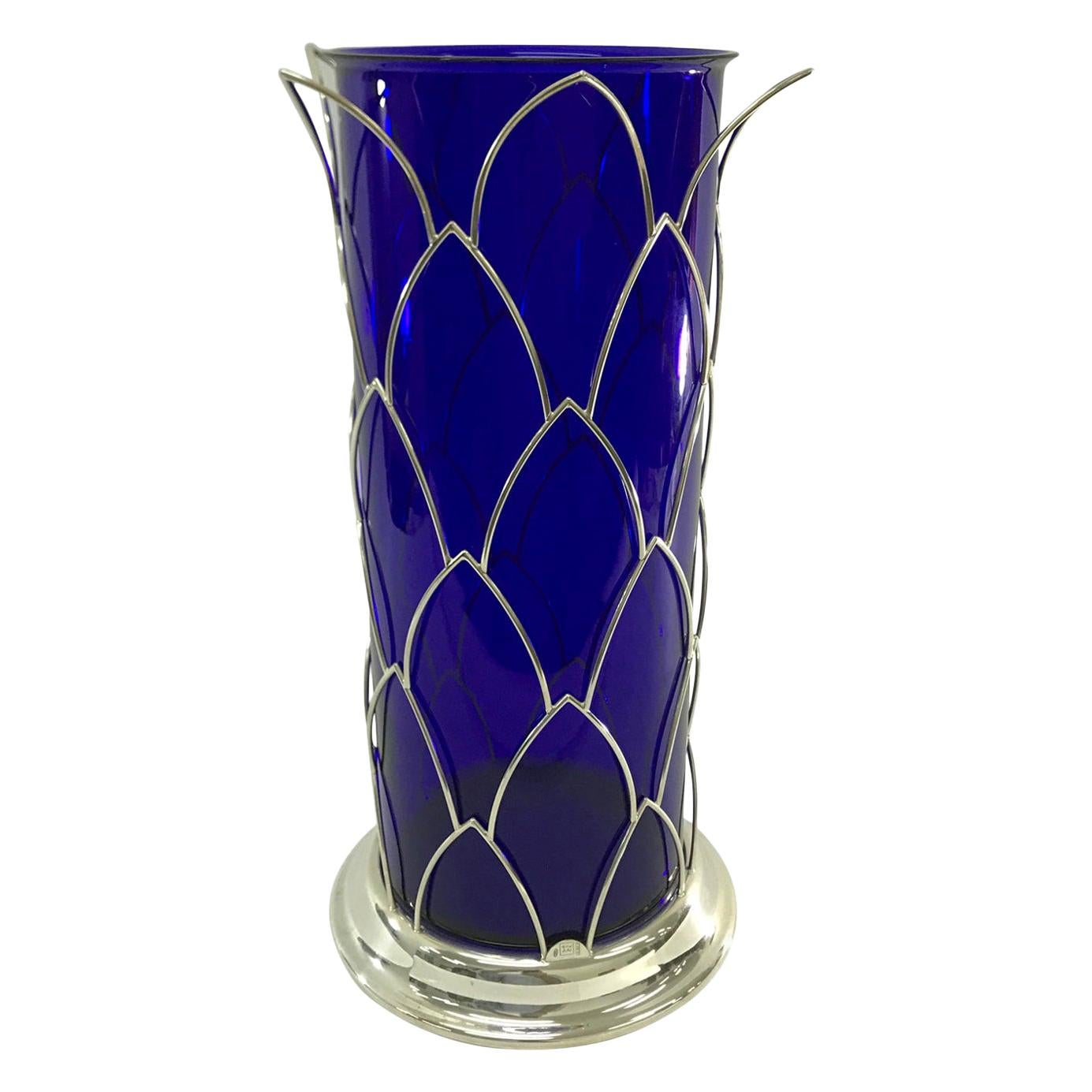 1980s Modernist Sterling Silver and Blue Murano Glass Vase by Cleto Munari