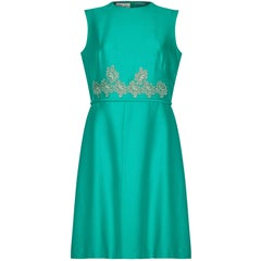 Vintage Clevaline London 1960s Emerald Green Dress With Floral Lace Embellishment