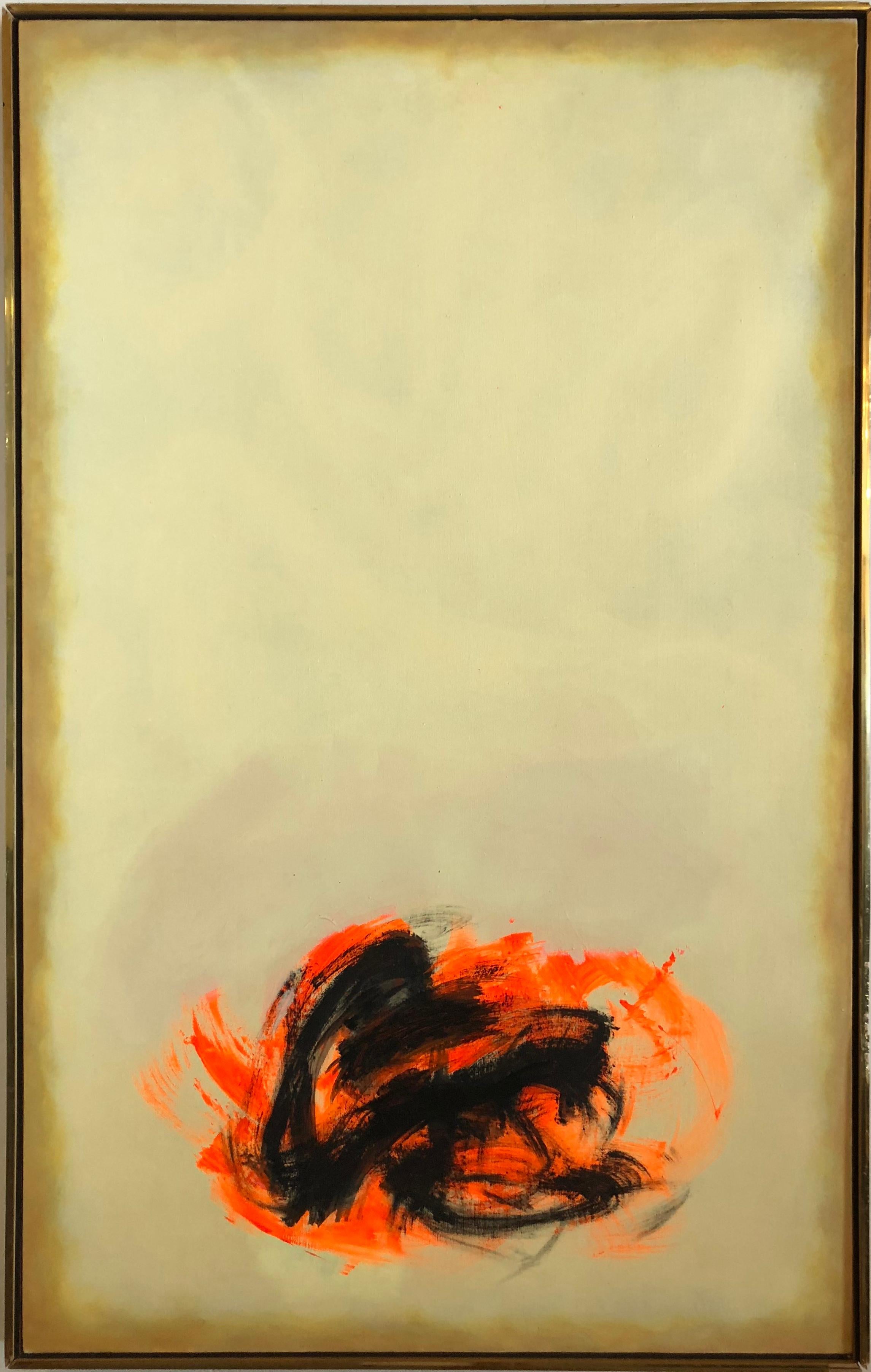 A vertical abstract painting in fiery orange and black by Cleve Gray. Gray was known for integrating Abstract Expressionism, Color Field, and Chinese scroll painting techniques, and this work is an excellent example. The orange and black paint