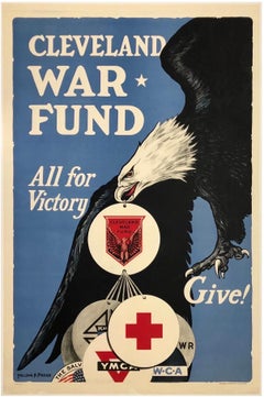 FONDO DI GUERRA DI CLEVELAND: TUTTI PER LA VITTORIA - DONA! Manifesto originale d'epoca della Prima Guerra Mondiale