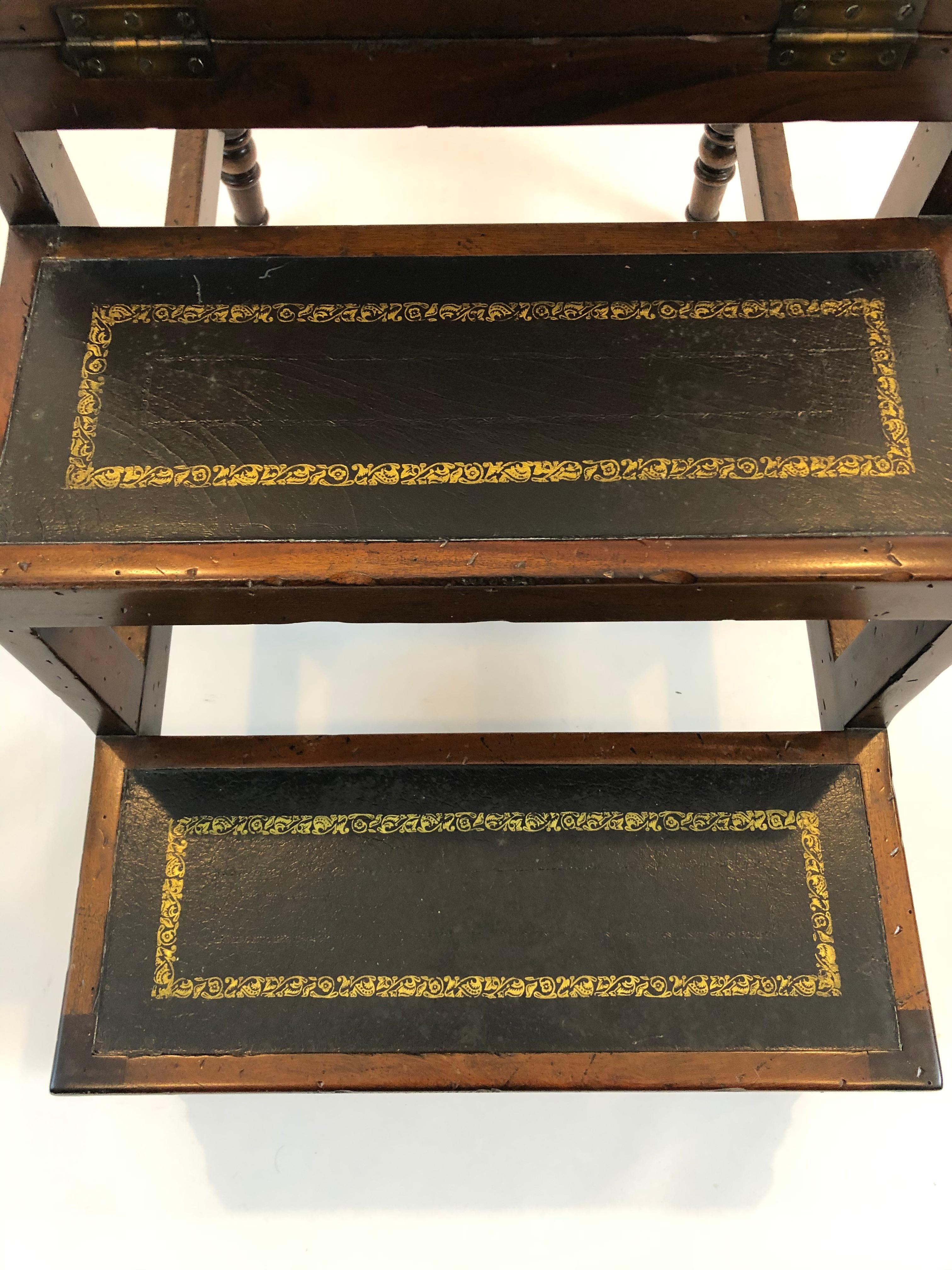 Georgian Clever Convertible Vintage Wood & Tooled Leather Library Steps & Coffee Table