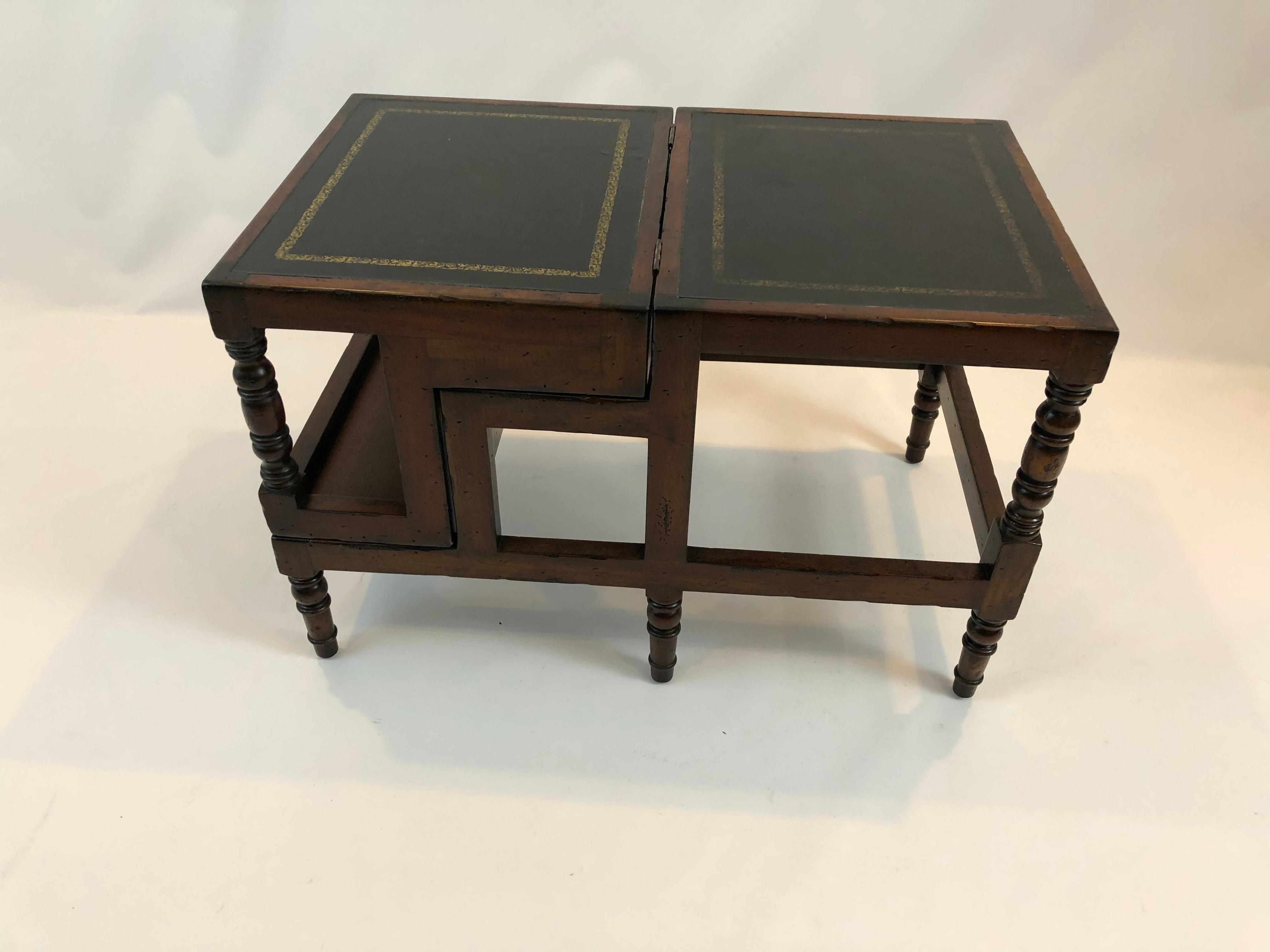 Clever Convertible Vintage Wood & Tooled Leather Library Steps & Coffee Table 3