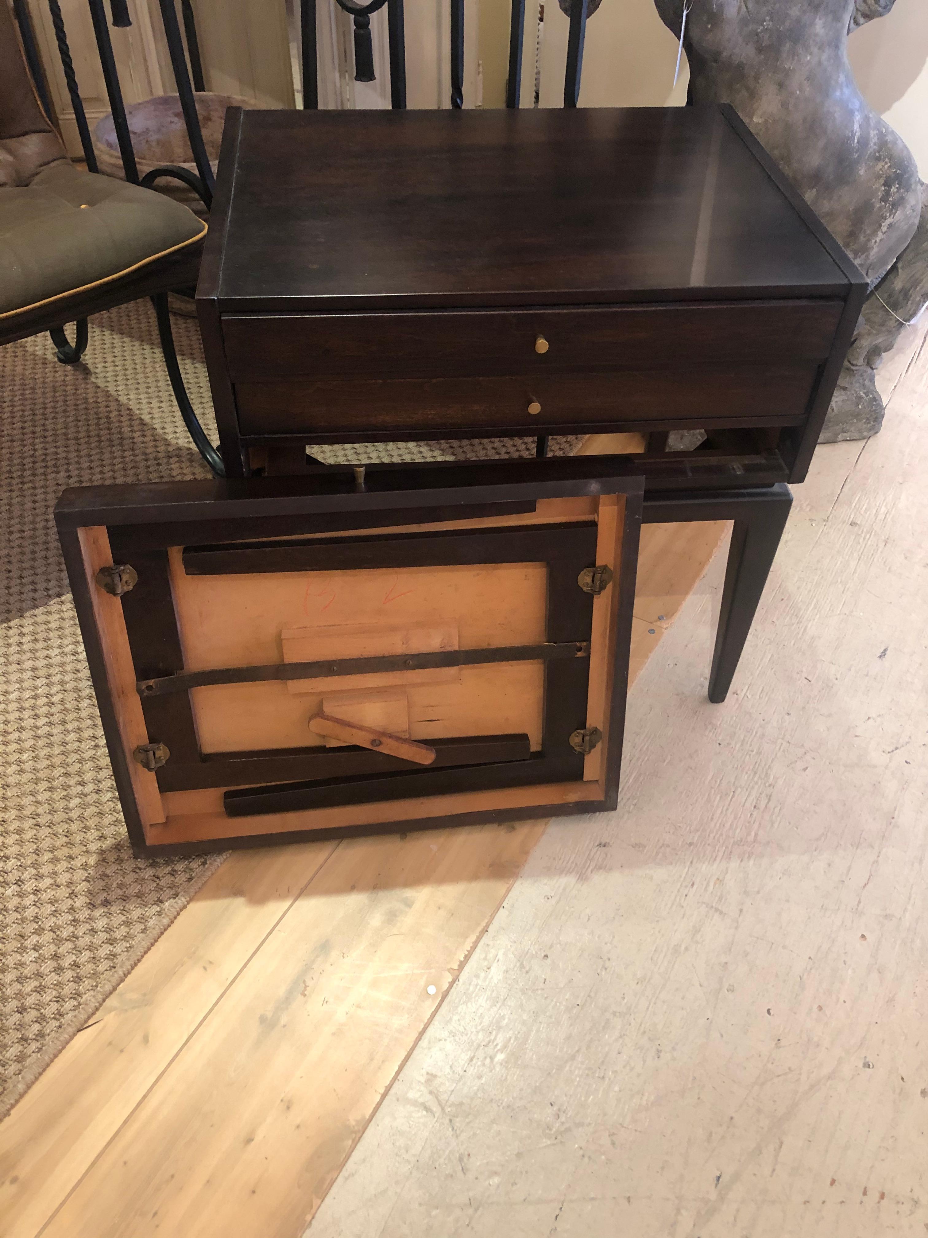Mid-20th Century Clever Pair of Mid-Century Modern End Tables with Hidden Collapsible Tea Tables For Sale