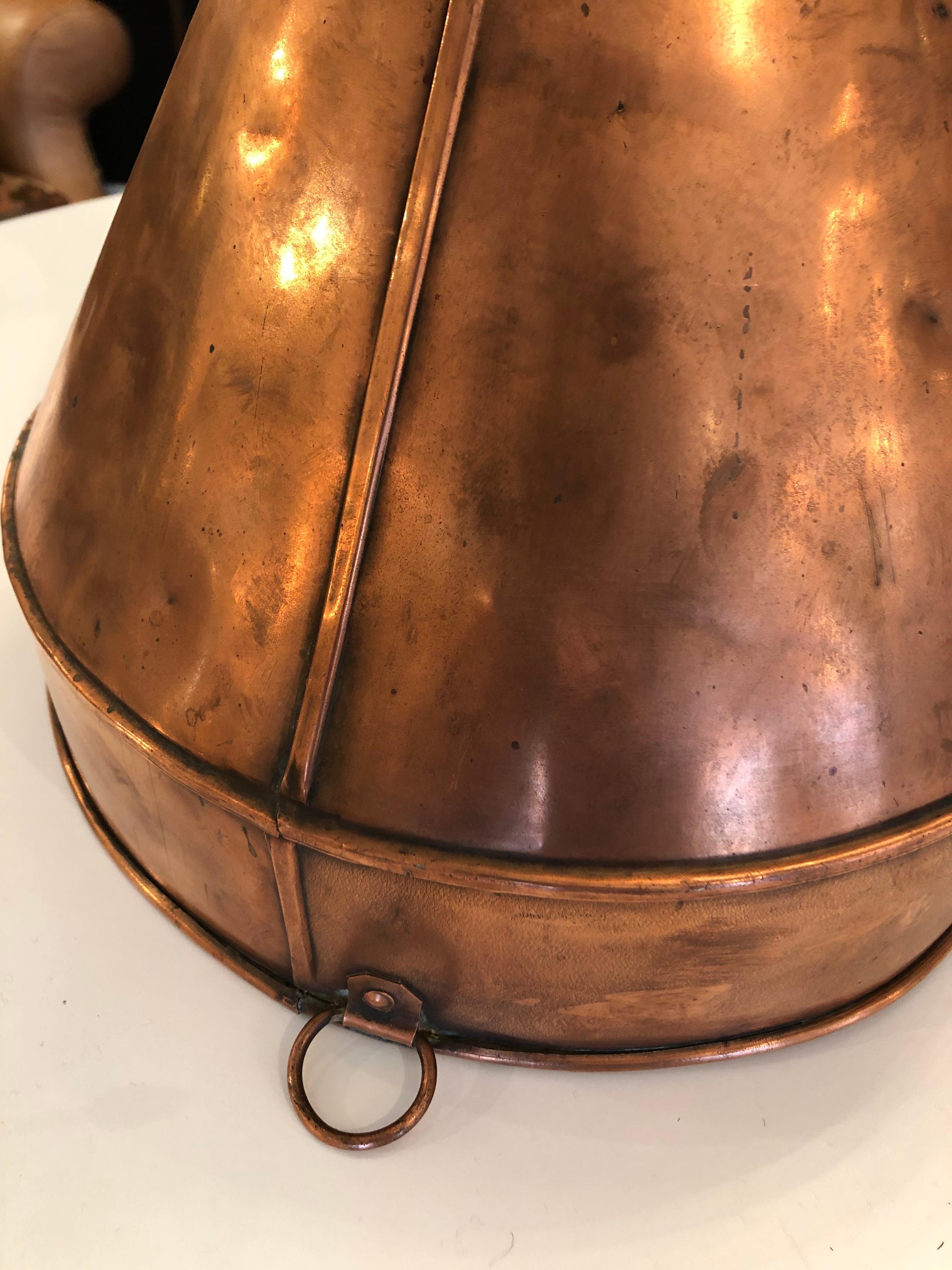Clever Trio of Antique Copper Funnel Light Pendants For Sale 1
