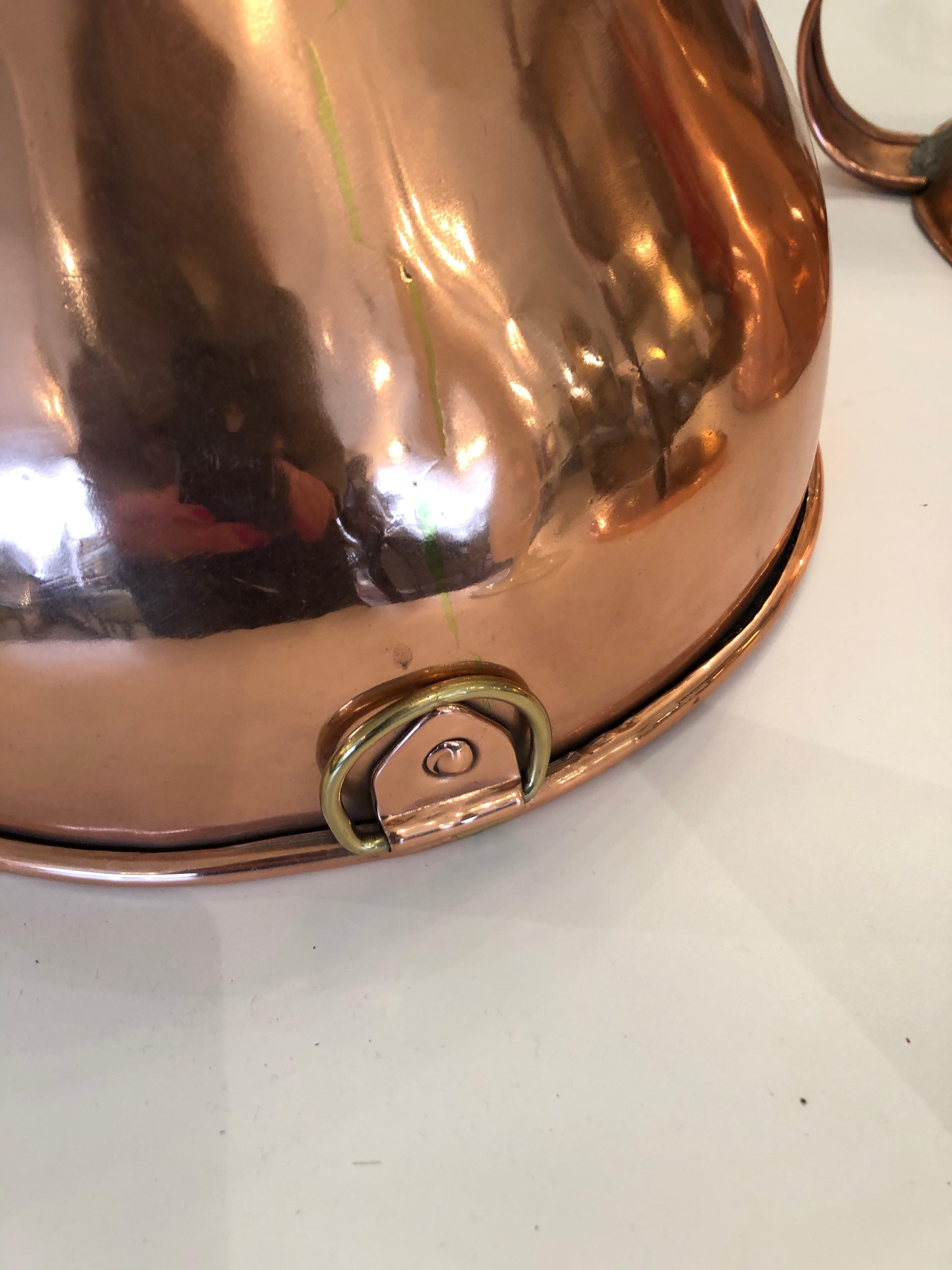 American Clever Trio of Antique Copper Funnel Light Pendants For Sale