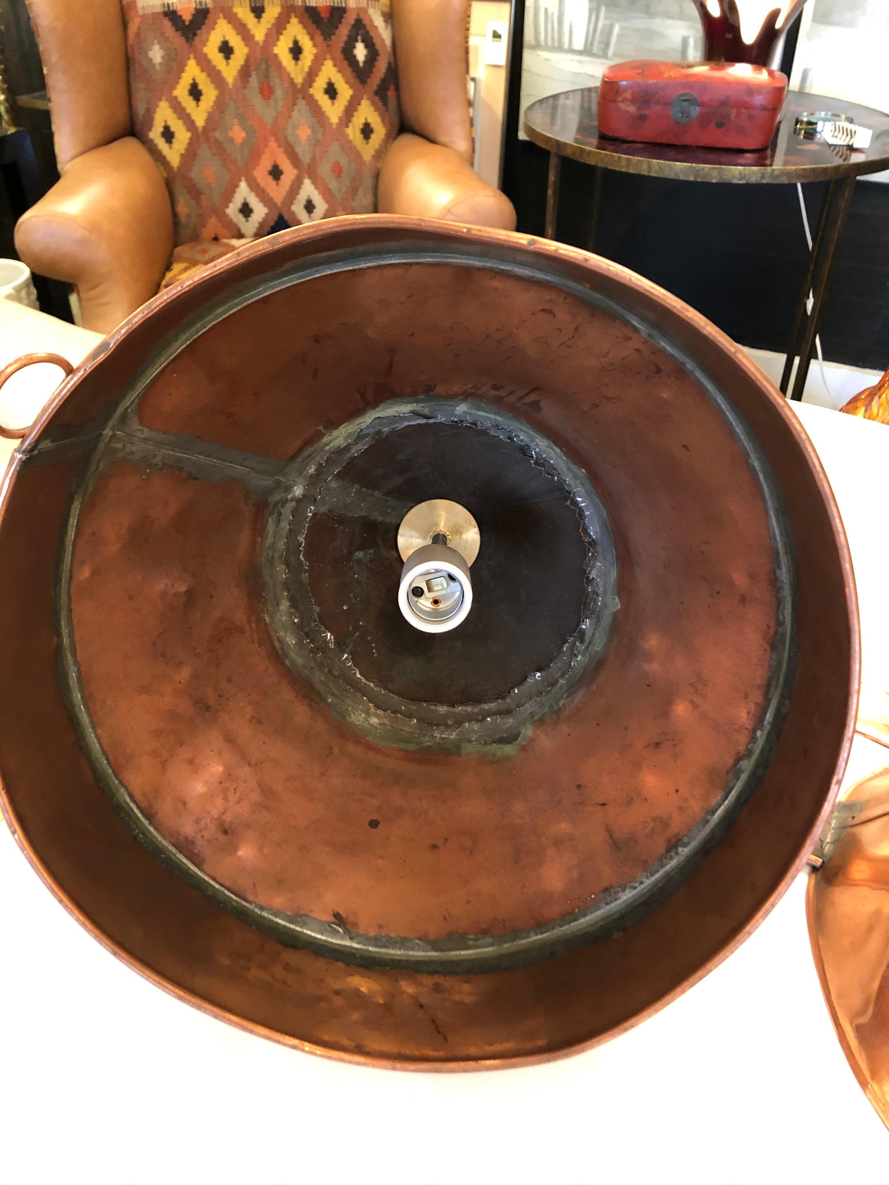Clever Trio of Antique Copper Funnel Light Pendants In Good Condition For Sale In Hopewell, NJ