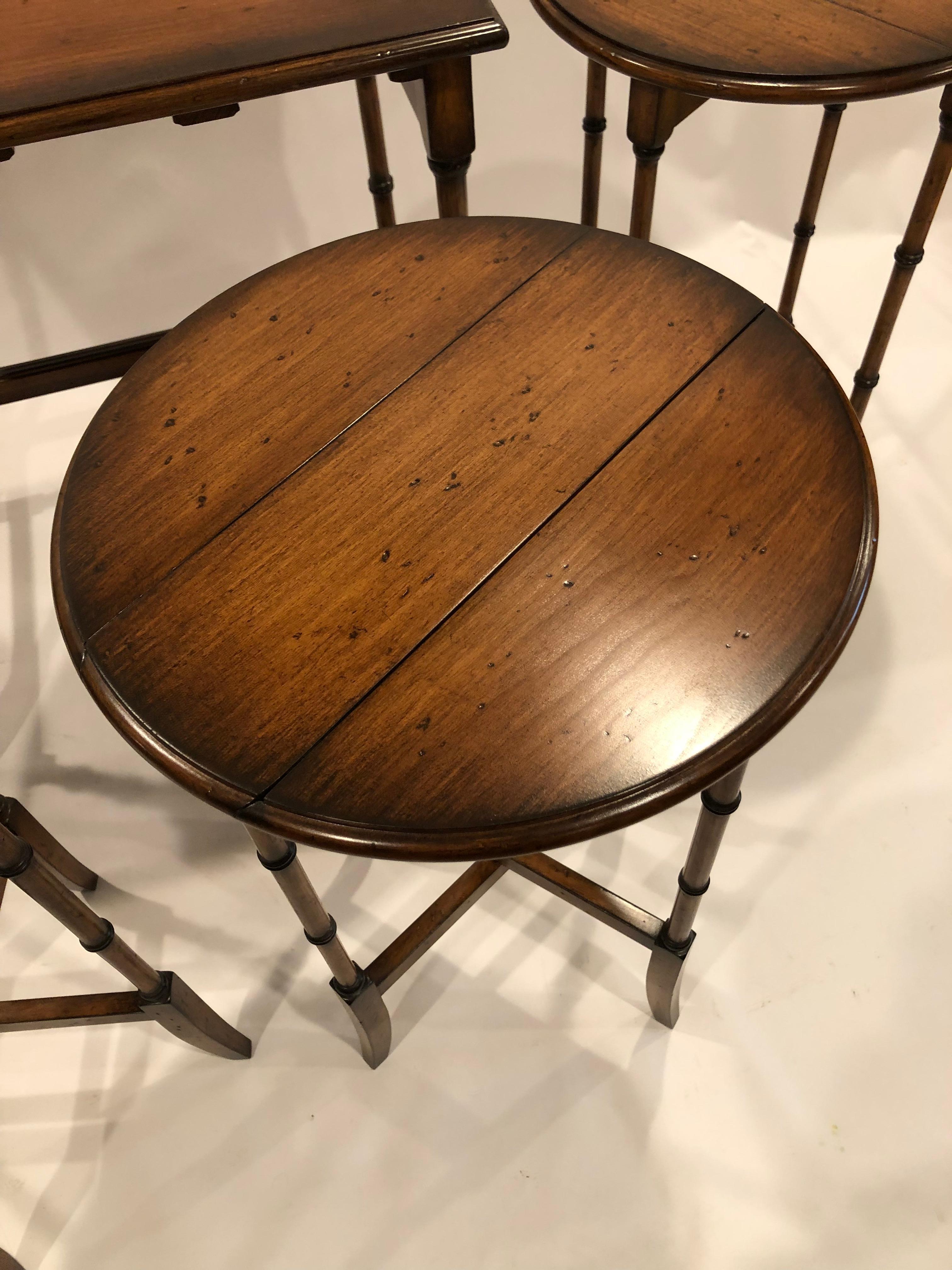 Walnut Cleverly Designed Theodore Alexander Nesting Tables with 4 Hidden Round Tables For Sale