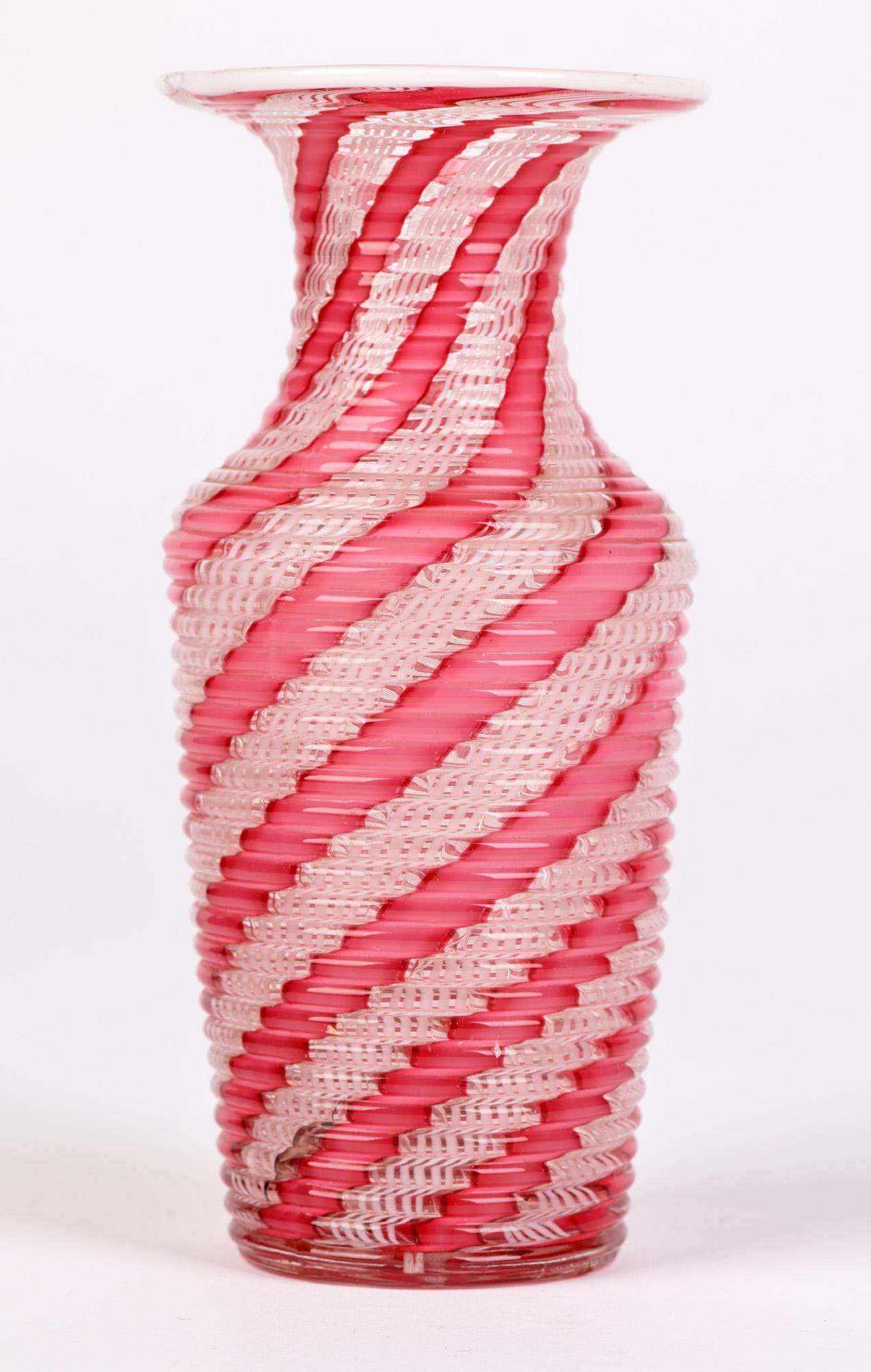 Blown Glass Clichy French Latticinio Pink Ribbon Patterned Glass Vase For Sale