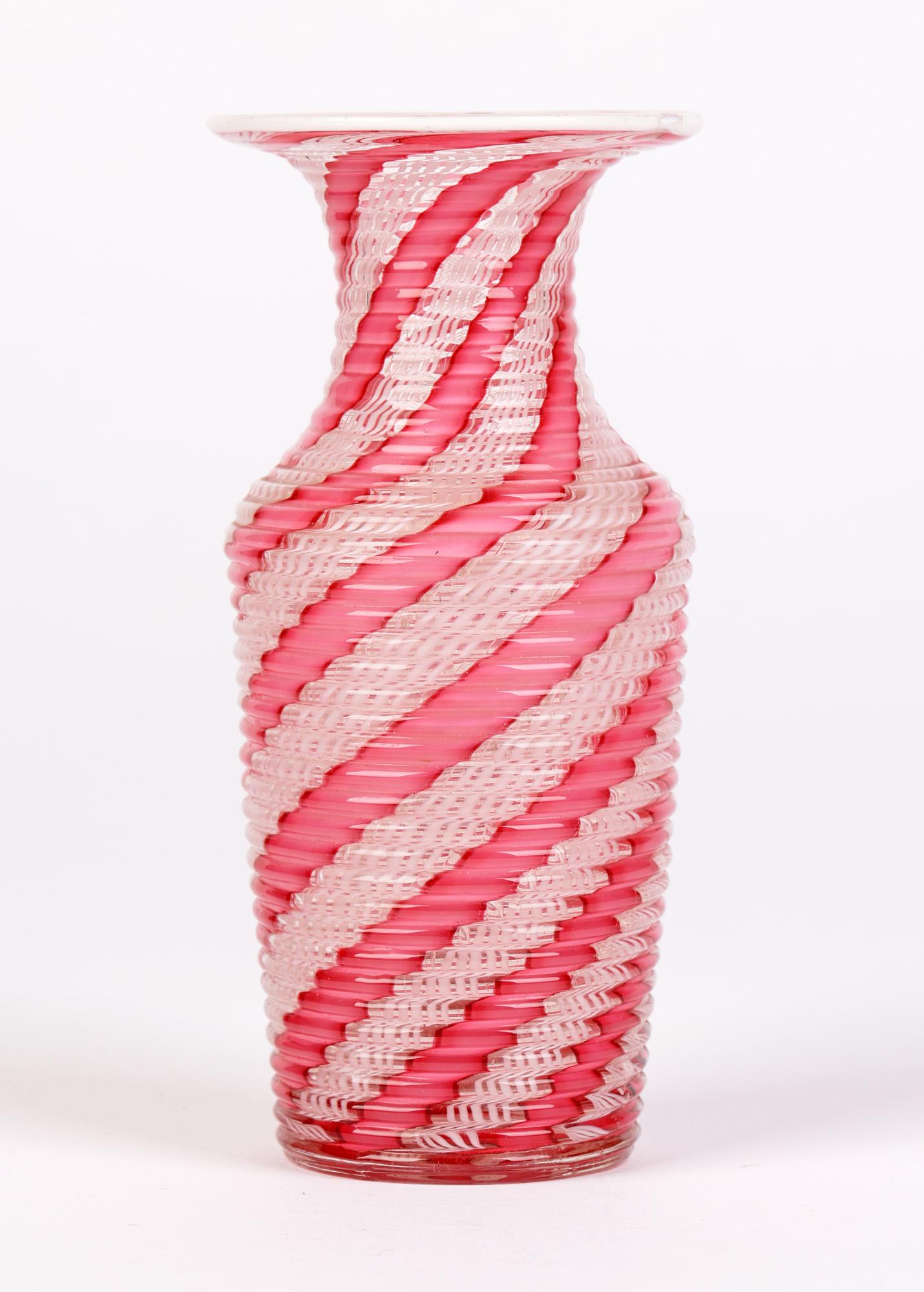 Clichy French Latticinio Pink Ribbon Patterned Glass Vase For Sale 6