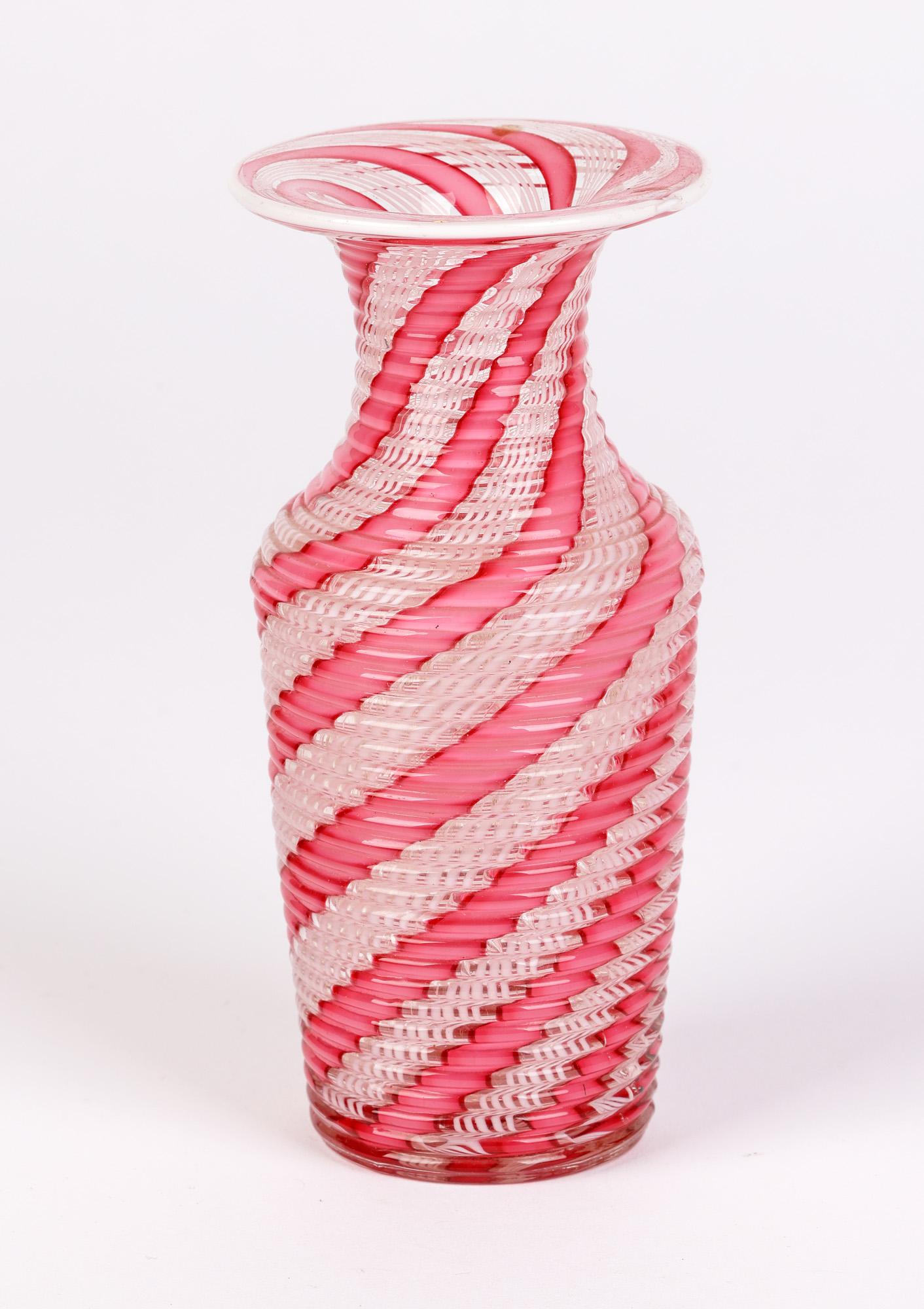 Hand-Crafted Clichy French Latticinio Pink Ribbon Patterned Glass Vase For Sale