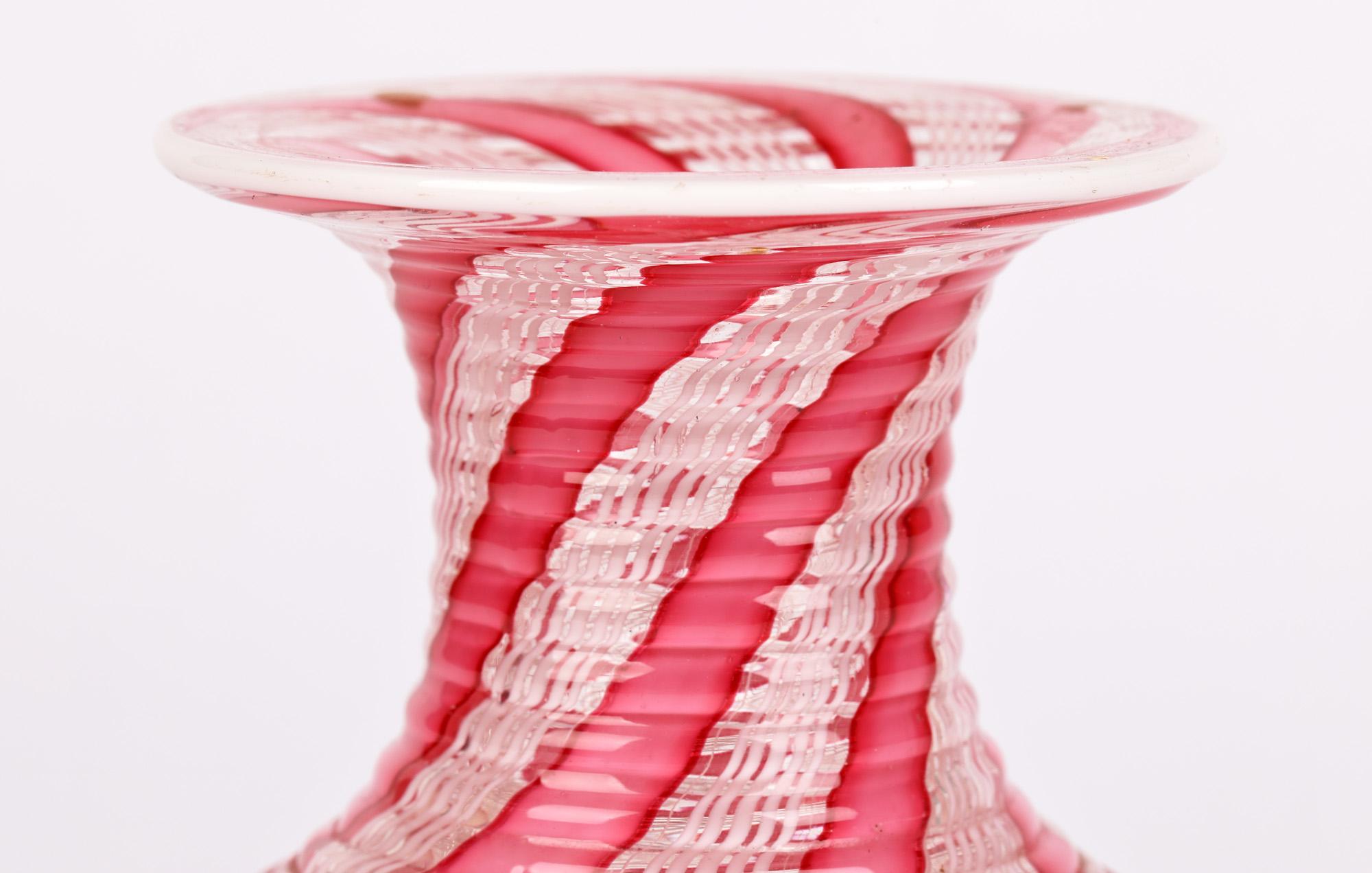 19th Century Clichy French Latticinio Pink Ribbon Patterned Glass Vase For Sale