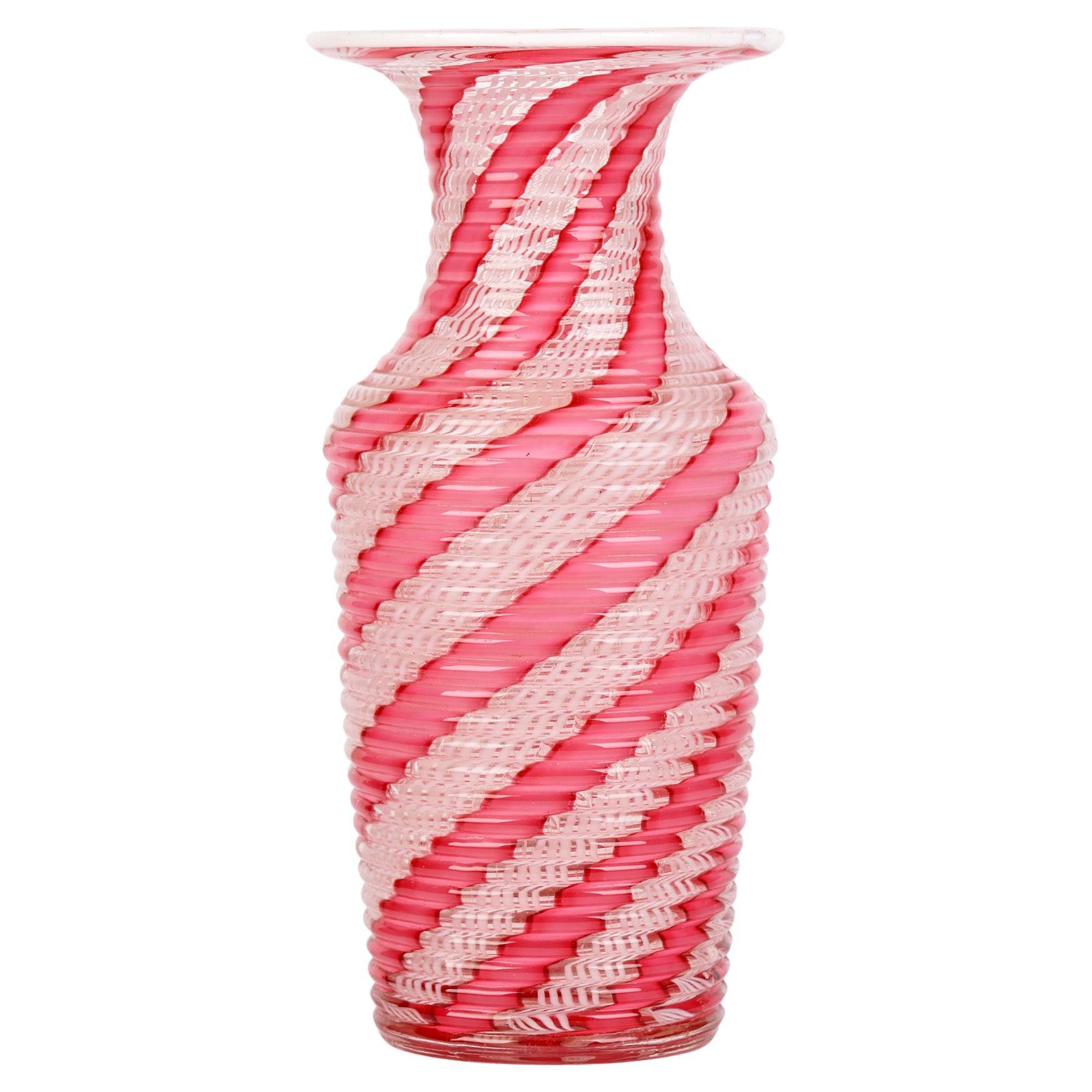 Clichy French Latticinio Pink Ribbon Patterned Glass Vase