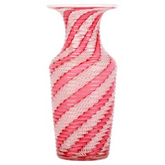 Antique Clichy French Latticinio Pink Ribbon Patterned Glass Vase