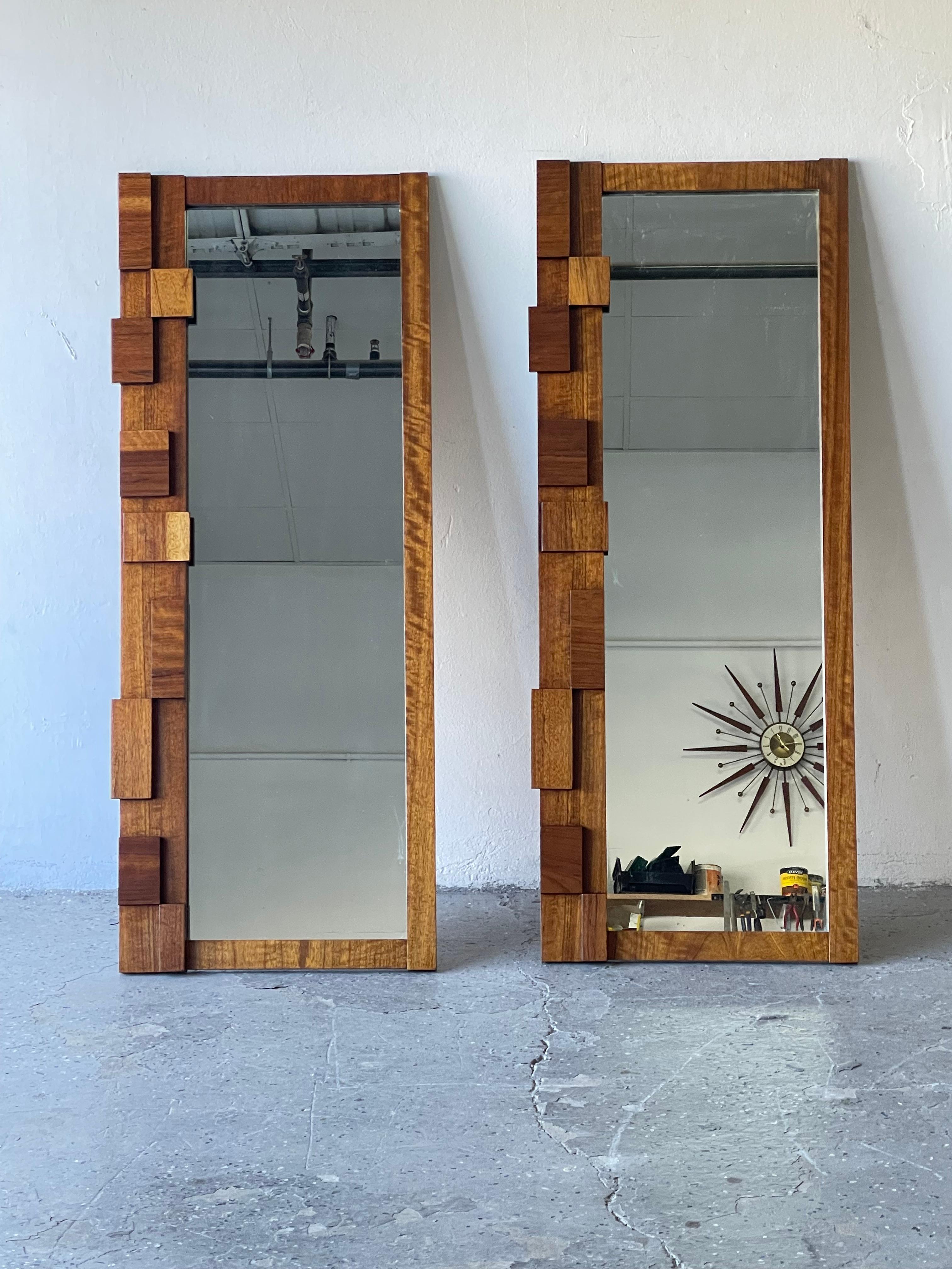 Walnut Pair of Lane Staccato Mid Century Modern Staccato Brutalist Mirrors