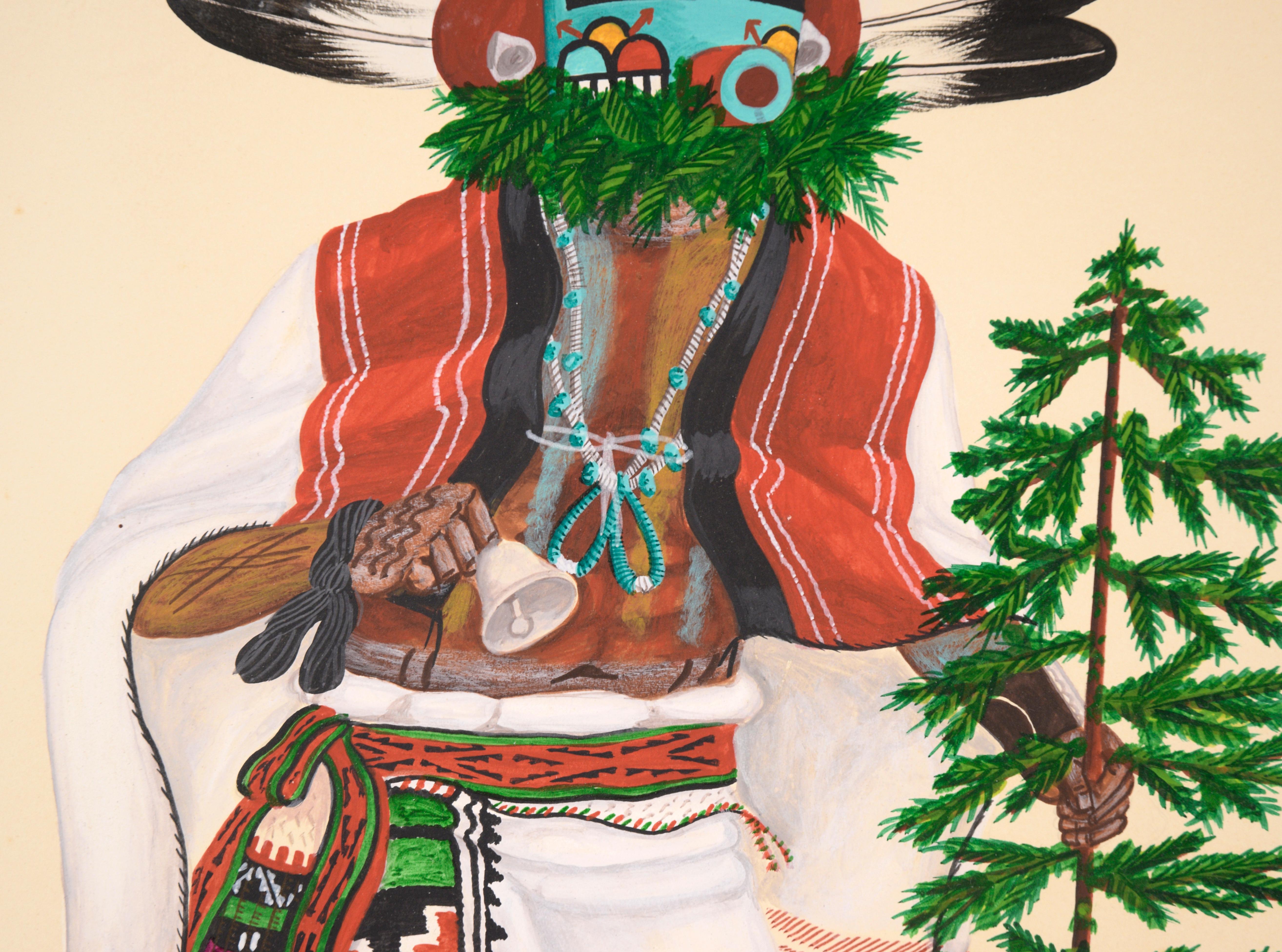 Detailed and vibrant depiction of a kachina dancer by Cliff Bahnimptewa (Native American, 1937-1984). Signed and dated in the lower right corner. Presented in a new black mat with foamcore backing. Postcard size: 20