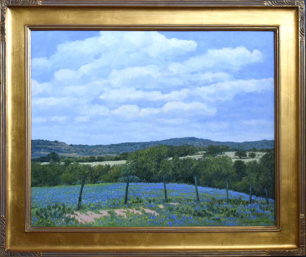CLIFF CAVIN Landscape Painting - "BLUE HILLTOP" TEXAS BLUEBONNET TEXAS HILL COUNTRY