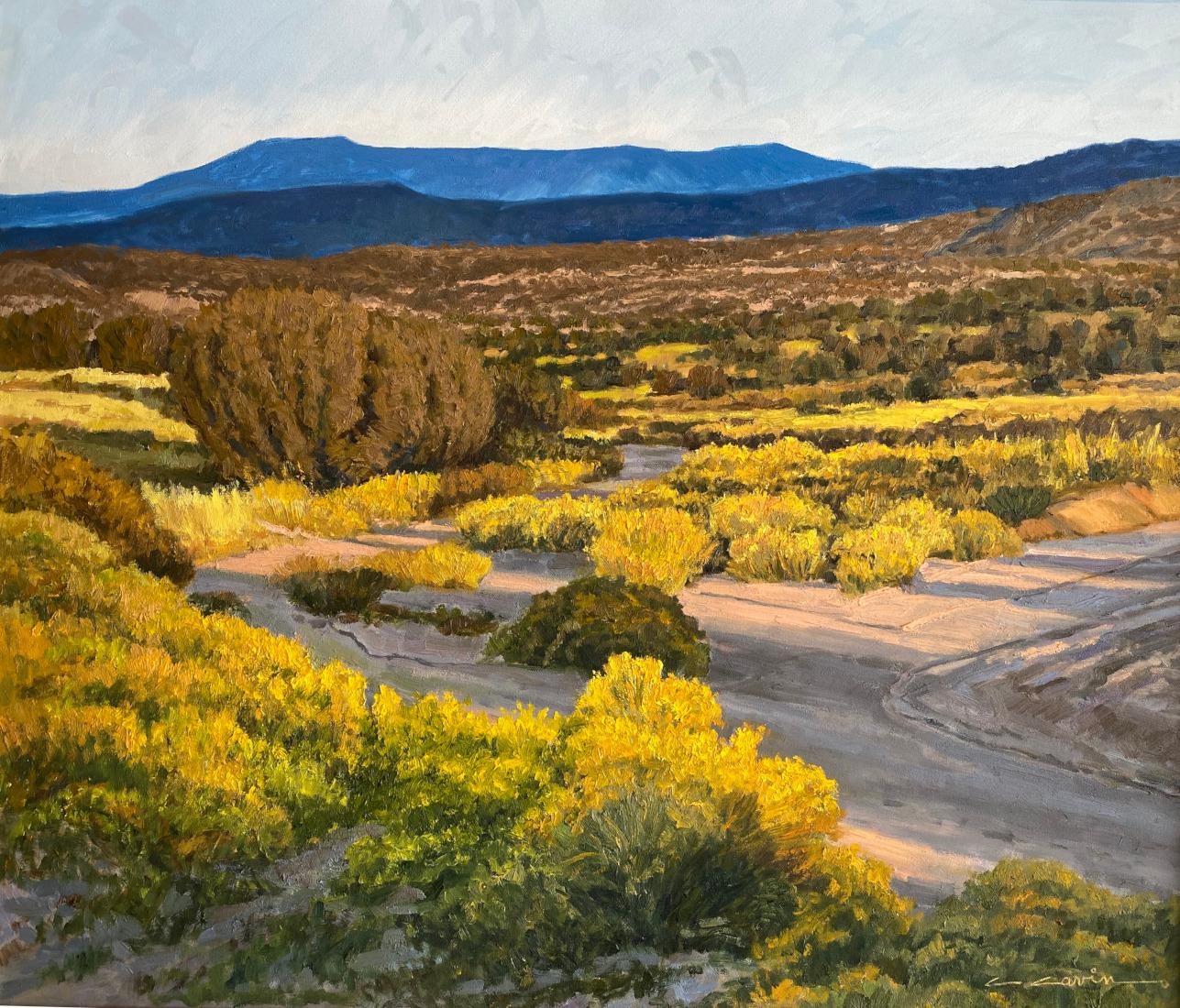 CLIFF CAVIN Landscape Painting - "CHAMISA IN BLOOM" NEW MEXICO LANDSCAPE