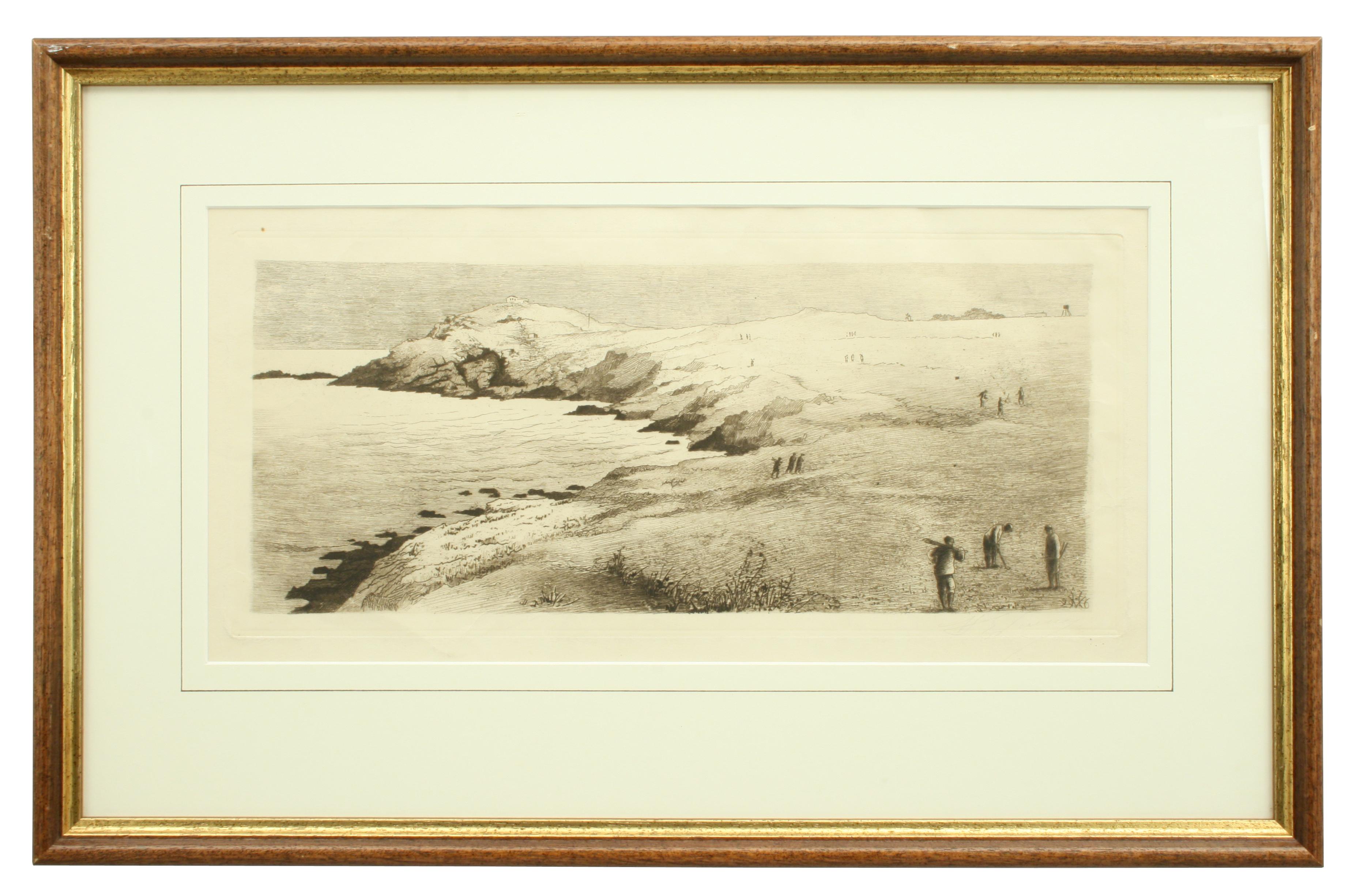 Golf drypoint etching.
This drypoint etching of a clifftop golf course is fascinating for the fact that the golfers and caddies depicted are all carrying their clubs by hand with no golf bags to be seen thus indicating that it was executed in the