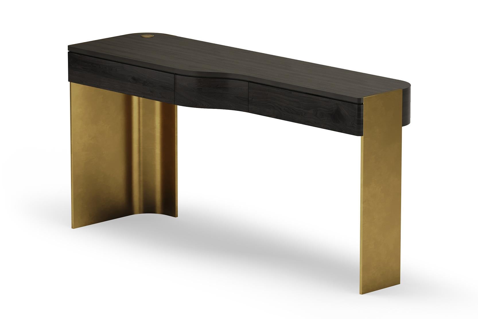 Modern Cliff Young Izzy Black Rift Oak and Bronze Writing Desk Console For Sale