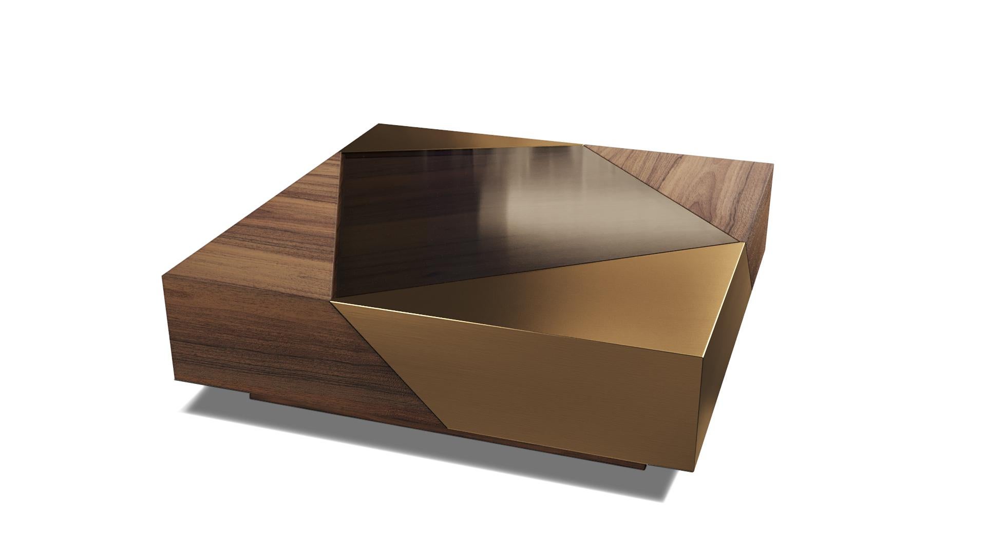 CY Tao cocktail table is inspired by the postmodern design aesthetics and commands attention with its unique combination of 3 different materials: Bronze Glass, Stained Walnut in Satin Finish and Bronze Chemetal. A recessed metal base creates the
