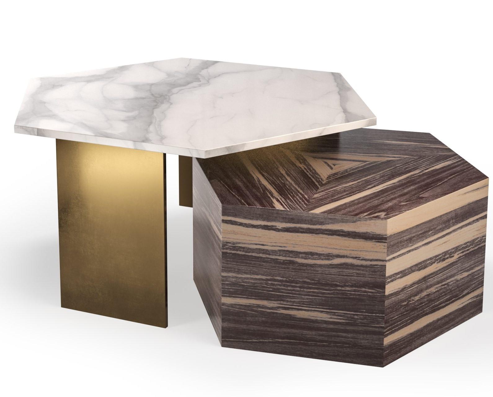 This Tempo Calacatta nesting cocktail table was designed to serve as a true multitasker: a standalone cocktail table as well as a distinctive two-piece occasional table set with Tempo wood and an option of adding a Tempo metal drinks table. A
