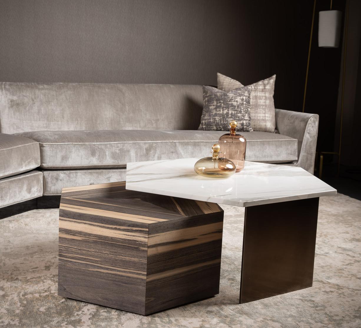 This tempo wood table was designed to serve as a true multitasker: a standalone cocktail table as well as a part of distinctive two-piece occasional table set with Tempo Calacatta and an option of adding a Tempo metal drinks table. A nesting Tempo