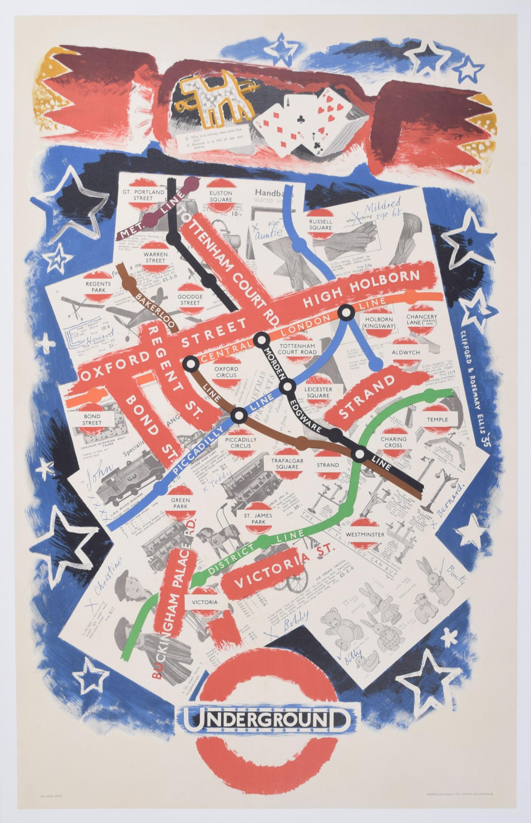 Clifford & Rosemary Ellis Print – London Underground Map of London Weihnachtsplakat von Clifford und Rosemary Ellis, Londoner U-Bahn
