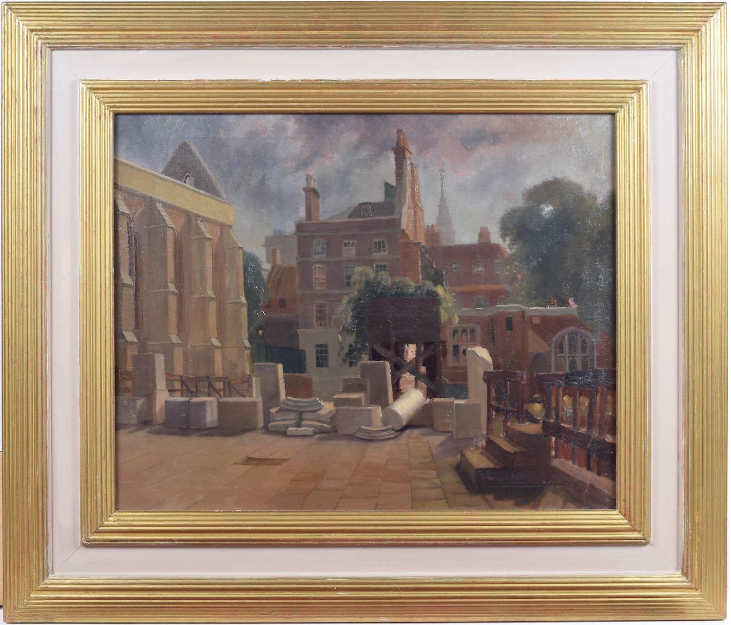 Temple Church London d'après le bombardement : peinture de Clifford Charman Modern British Art en vente 1