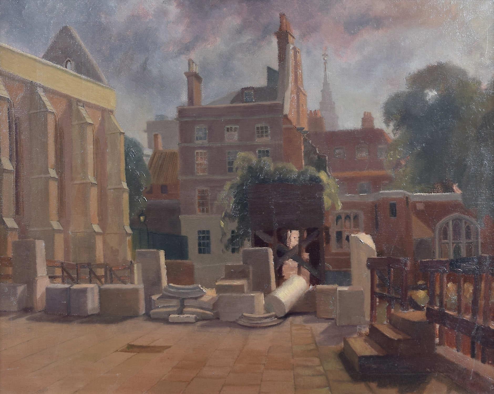 Temple Church London d'après le bombardement : peinture de Clifford Charman Modern British Art